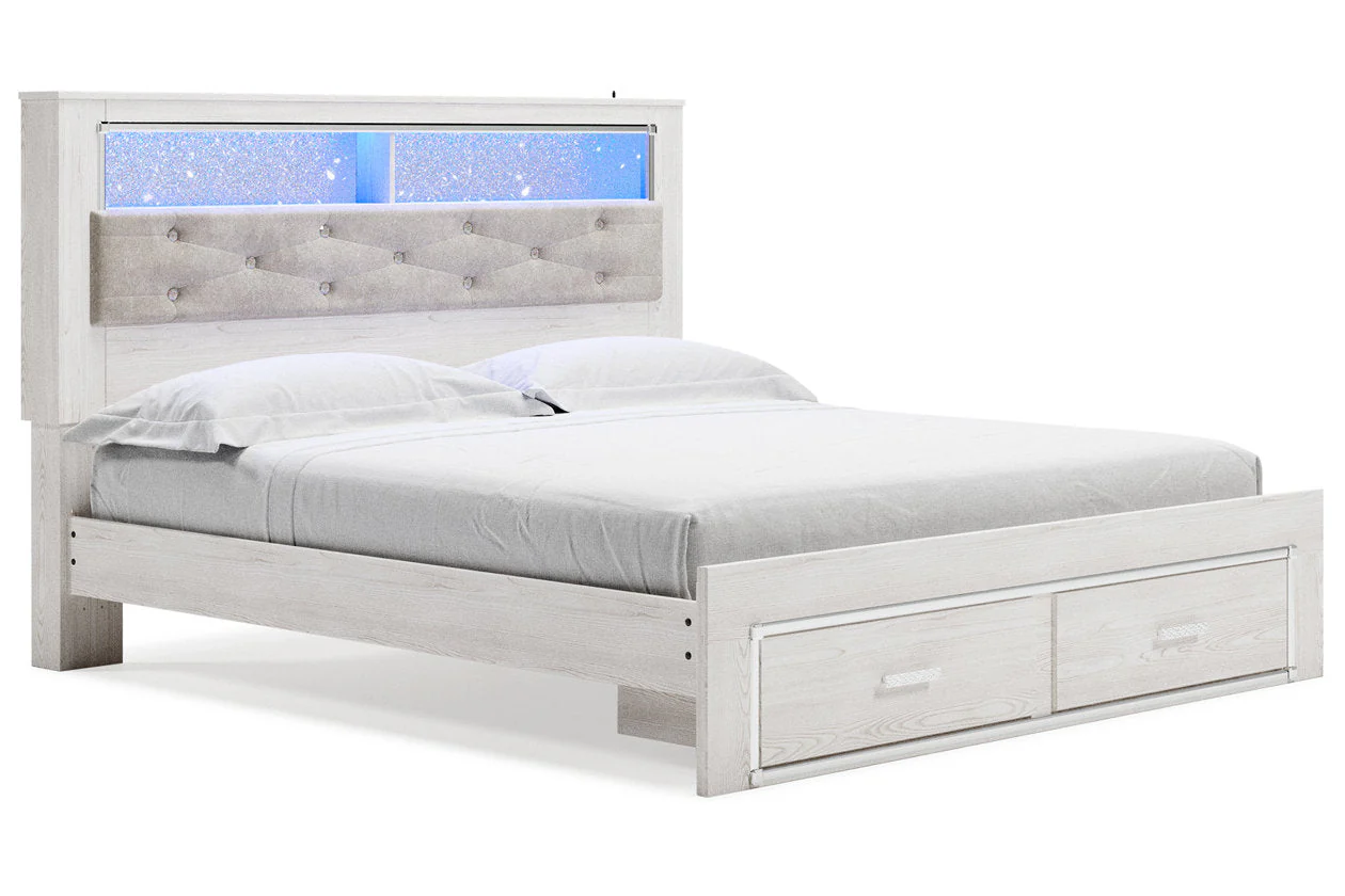 Altyra White King Upholstered LED Bookcase Storage Panel Bed - Image 2