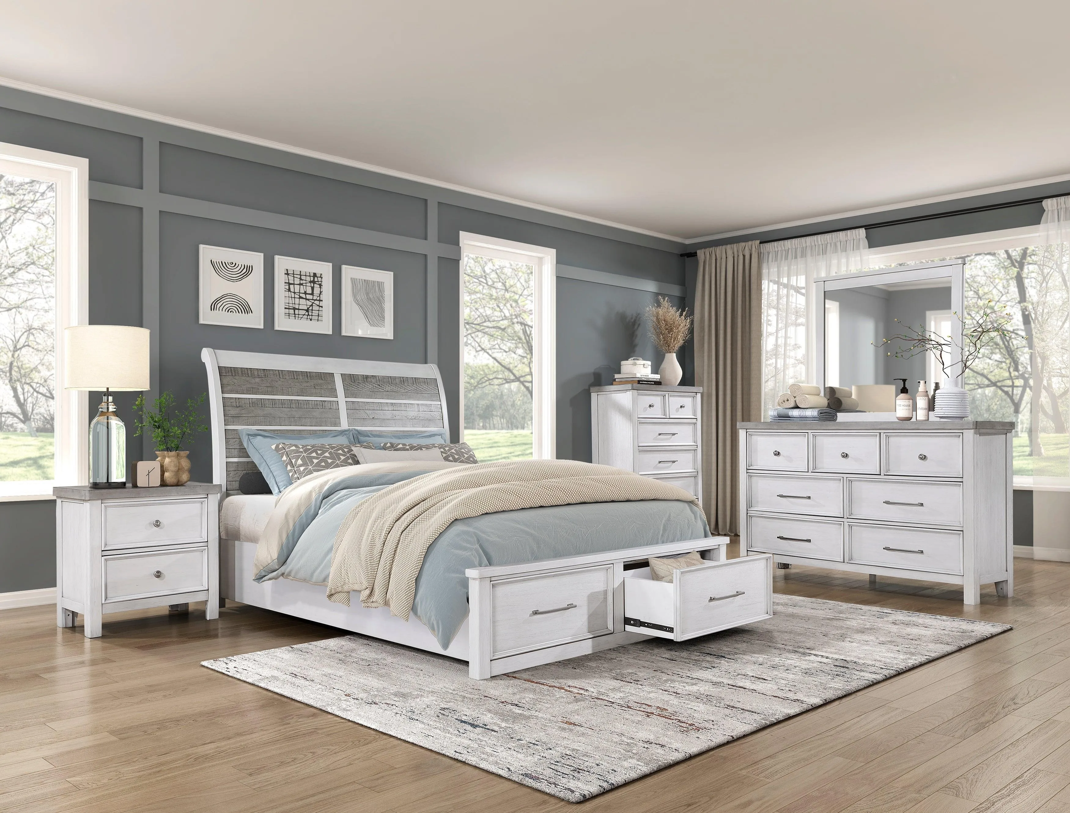 Ambrose Antique White/Gray Eastern King Platform Bed with Footboard Storage - Image 9
