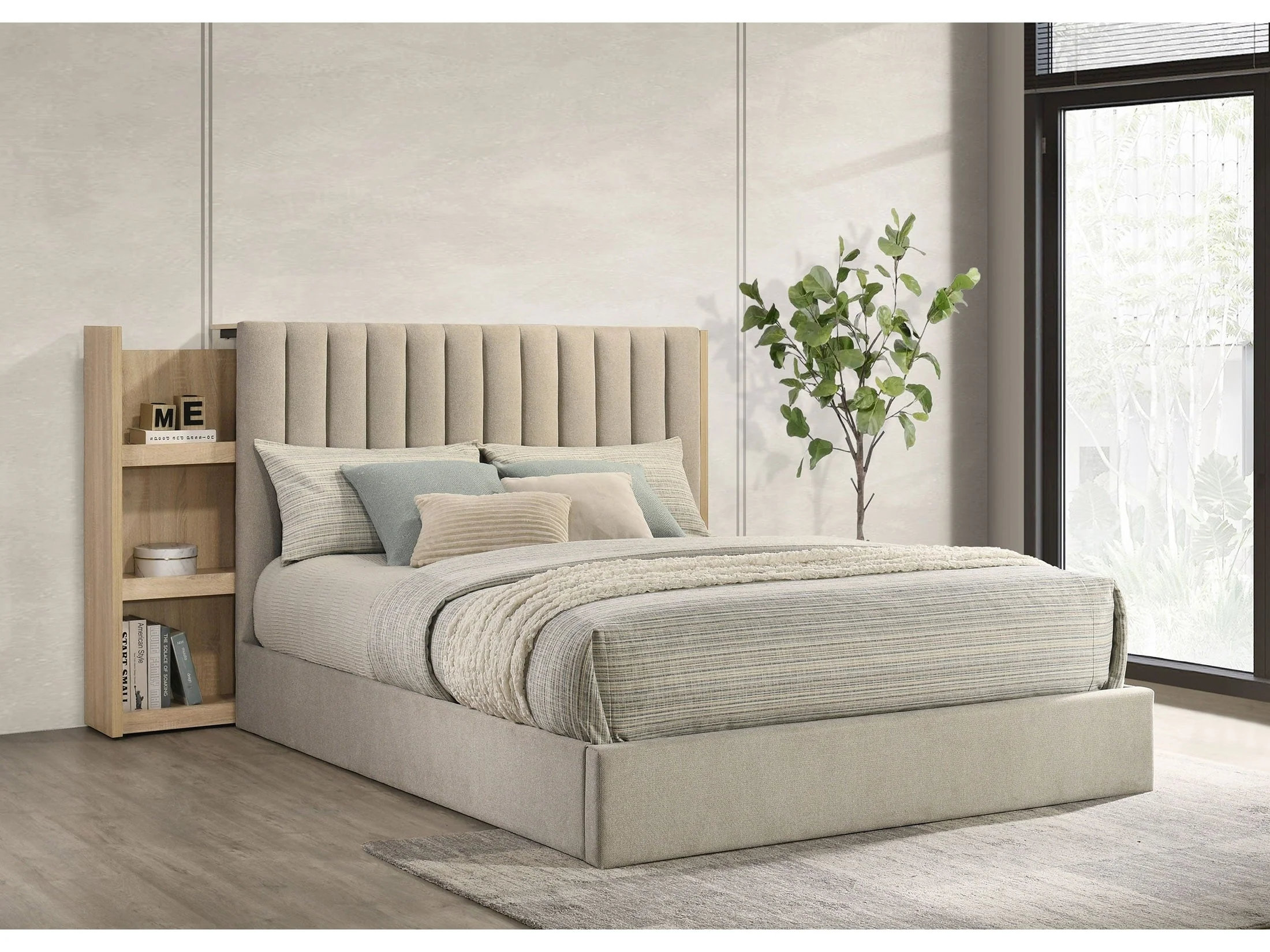 Arielle Light Oak Eastern King Bookcase Panel Storage Bed