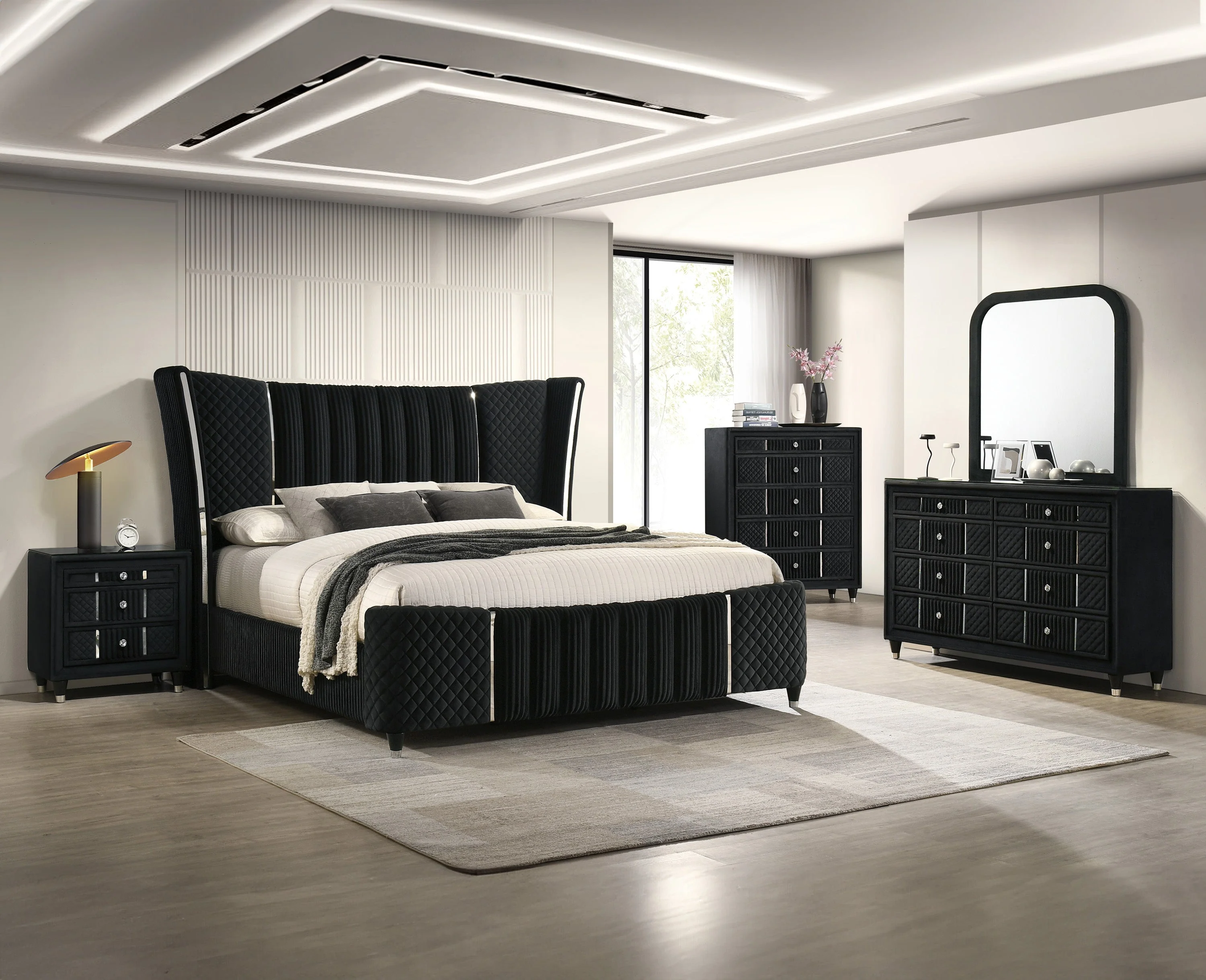 Armany Black Upholstered Wingback Panel King Bed - Image 4