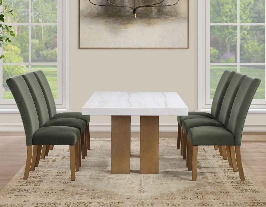Artemis 70″ Rect White Marble Table, Tan Finish w/4 Green Velvet Chairs - Image 2