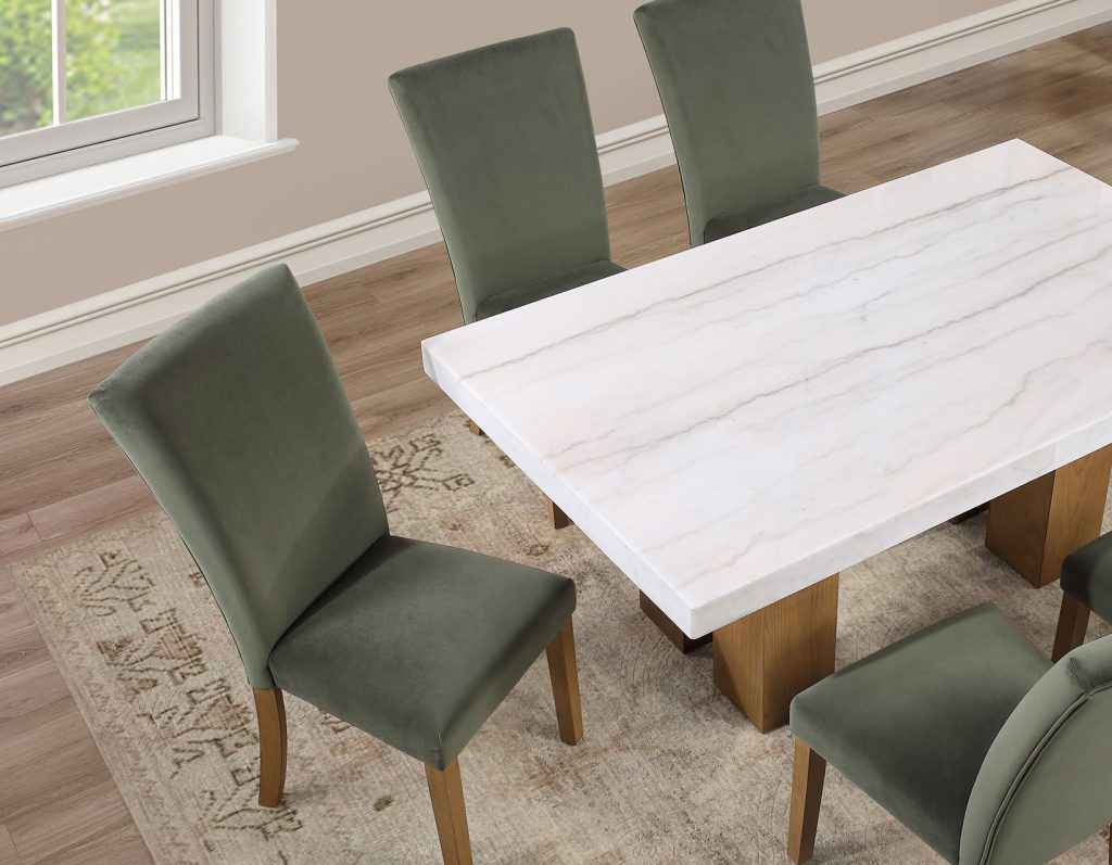 Artemis 70″ Rect White Marble Table, Tan Finish w/4 Green Velvet Chairs - Image 3