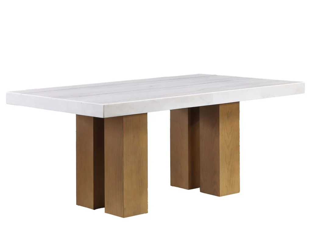 Artemis 70″ Rect White Marble Table, Tan Finish w/4 Green Velvet Chairs - Image 8