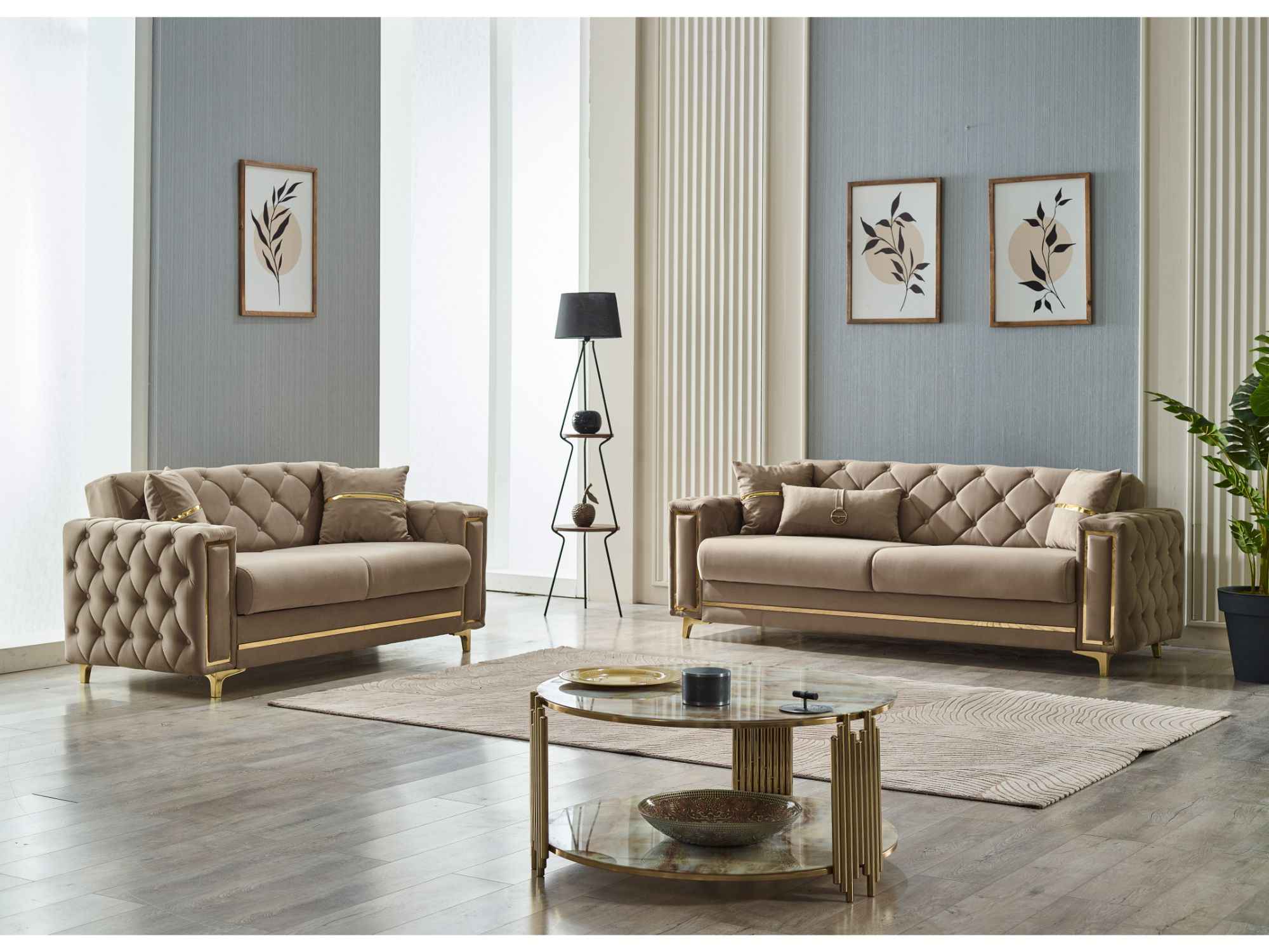 Bolivya Beige Convertible Loveseat With Gold Legs - Image 4