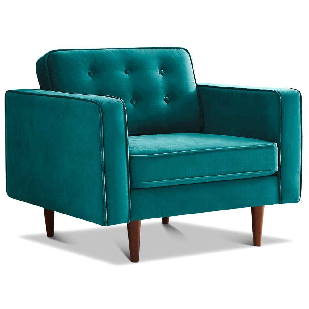 Casey Mid-Century Modern Pillow Back Velvet Upholstered Armchair in Teal