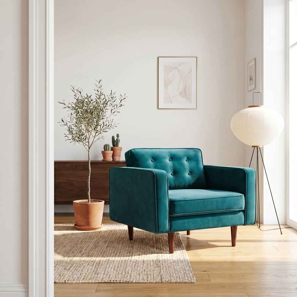 Casey Mid-Century Modern Pillow Back Velvet Upholstered Armchair in Teal - Image 2
