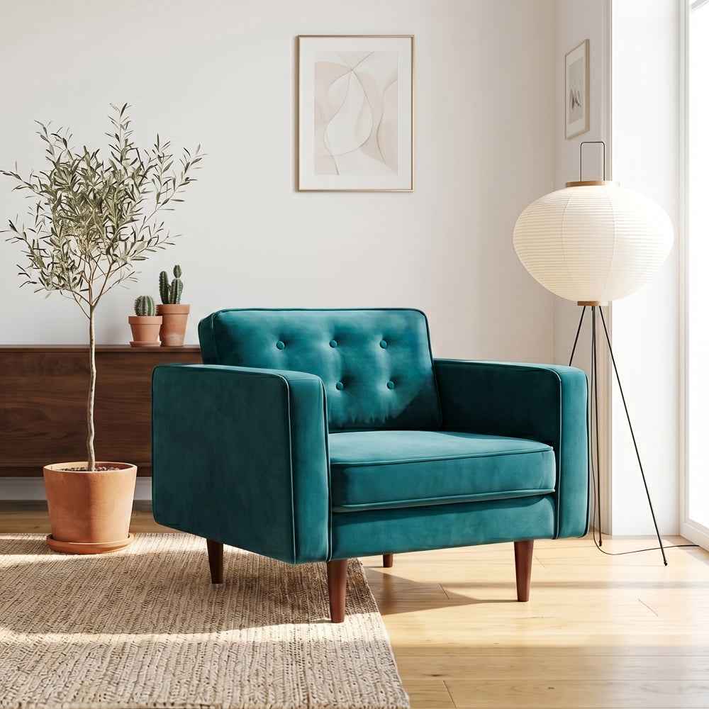 Casey Mid-Century Modern Pillow Back Velvet Upholstered Armchair in Teal - Image 3