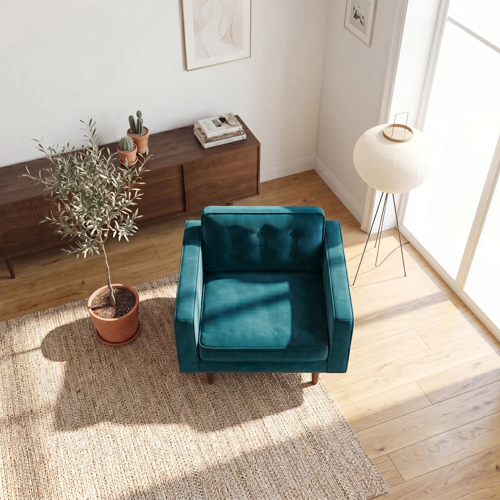 Casey Mid-Century Modern Pillow Back Velvet Upholstered Armchair in Teal - Image 6
