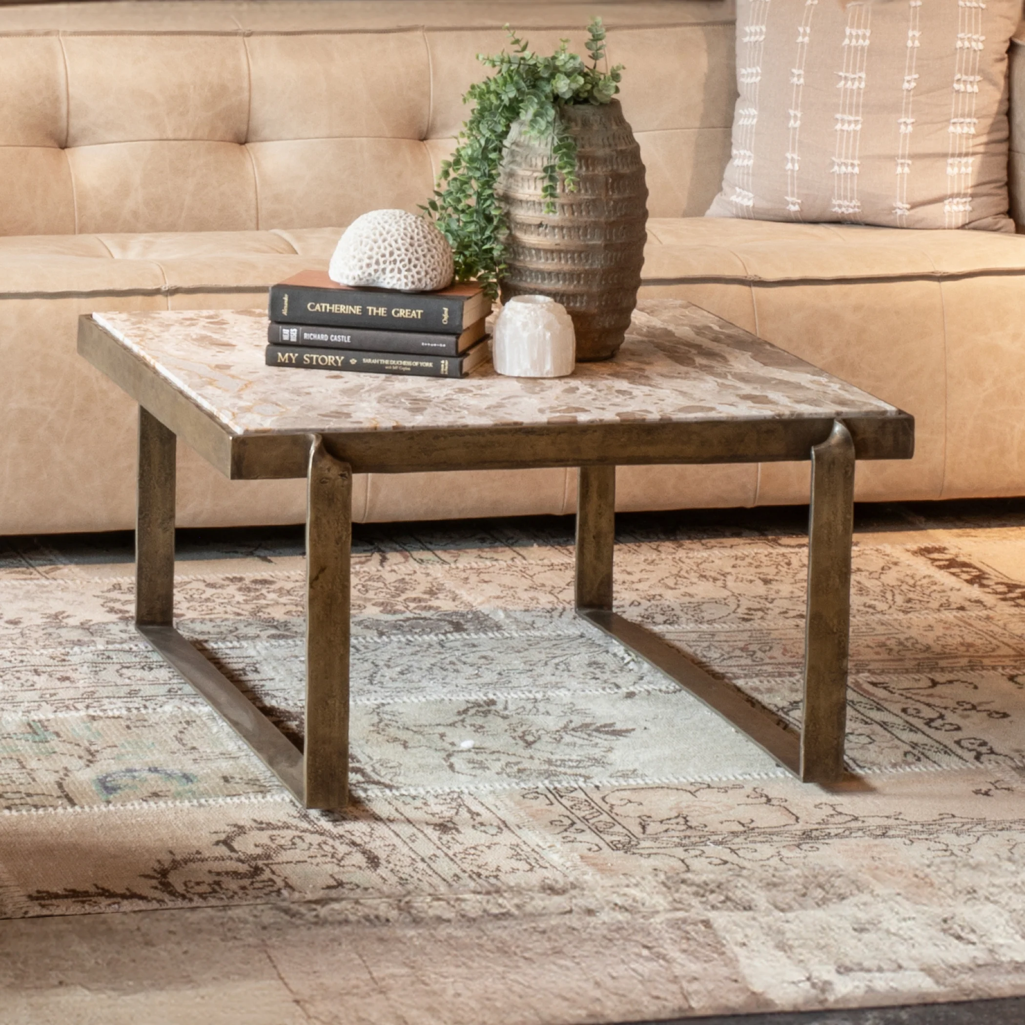 Argos 32" Coffee Table with Marble and Antique Brass - Image 7