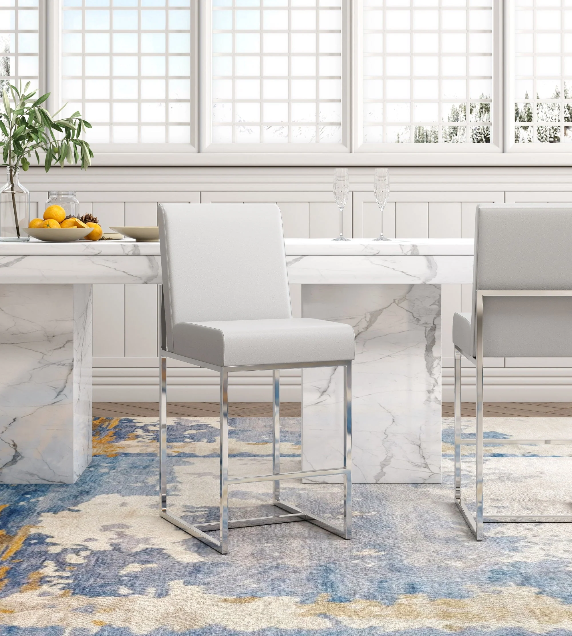 Element Faux Leather Counter Stool in Pearl White and Polished Chrome (set of 2) - Image 2