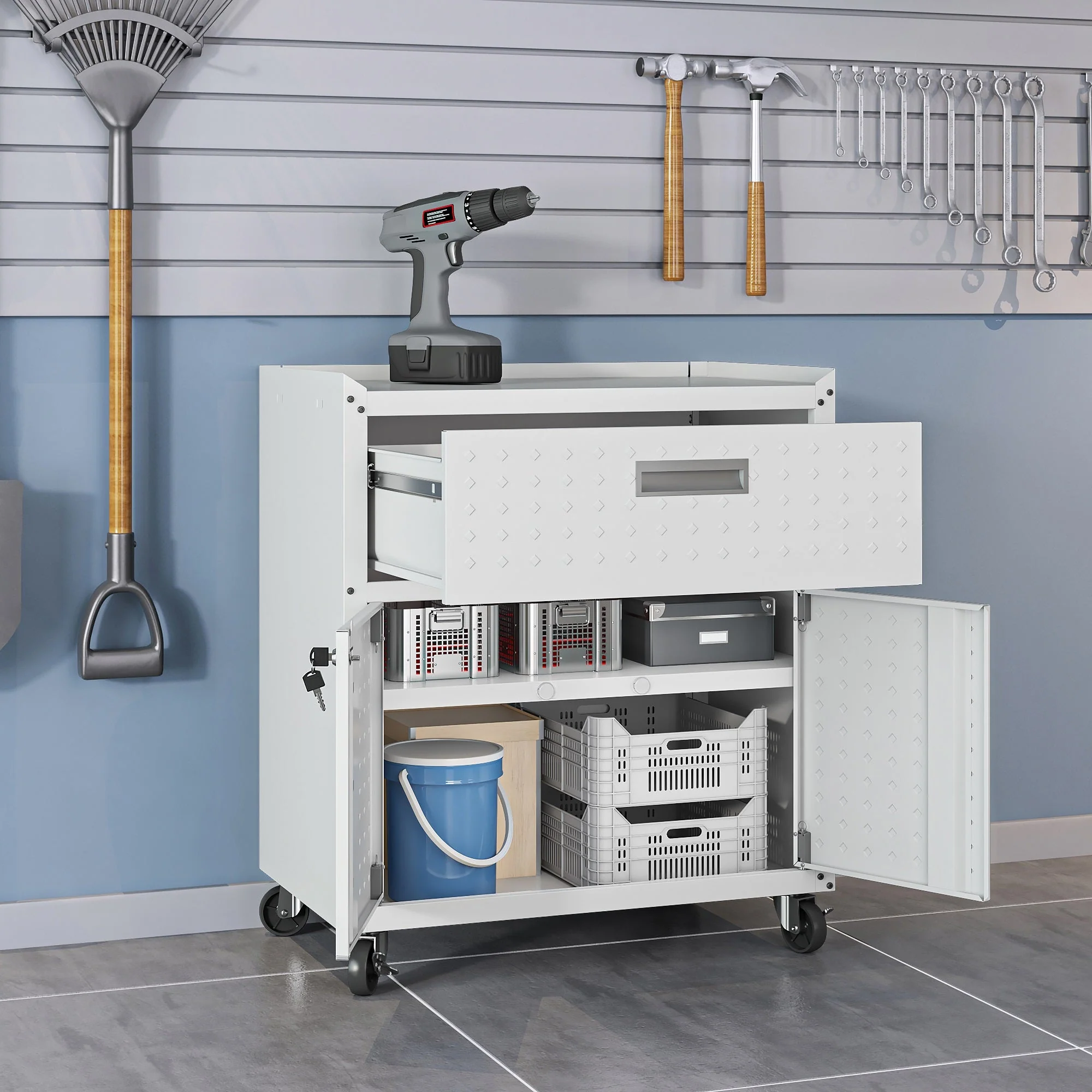 Fortress 31.5" Mobile Garage Cabinet with Drawer and Shelves in White - Image 4