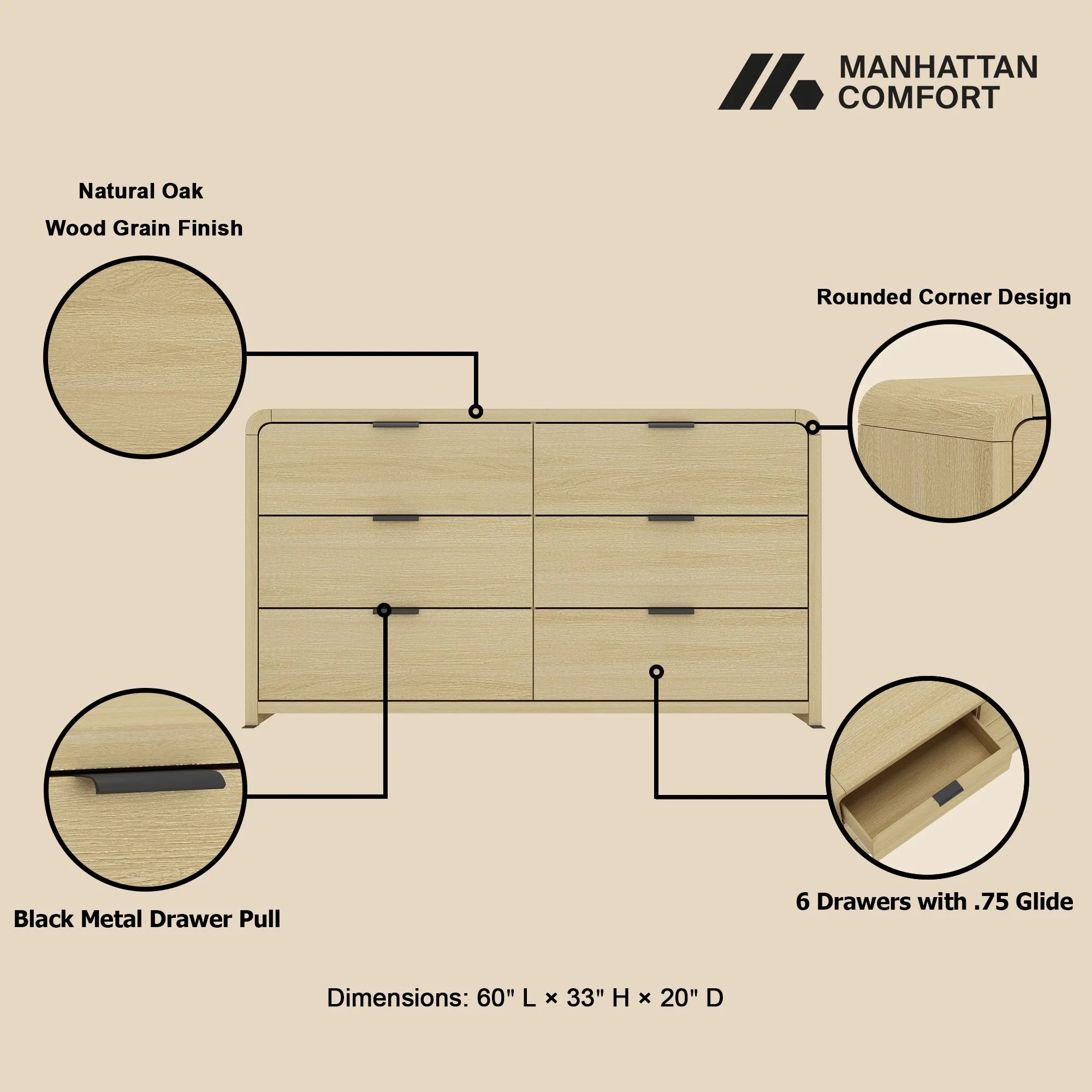 Grace 60" Double Dresser in Natural Oak and Black - Image 4