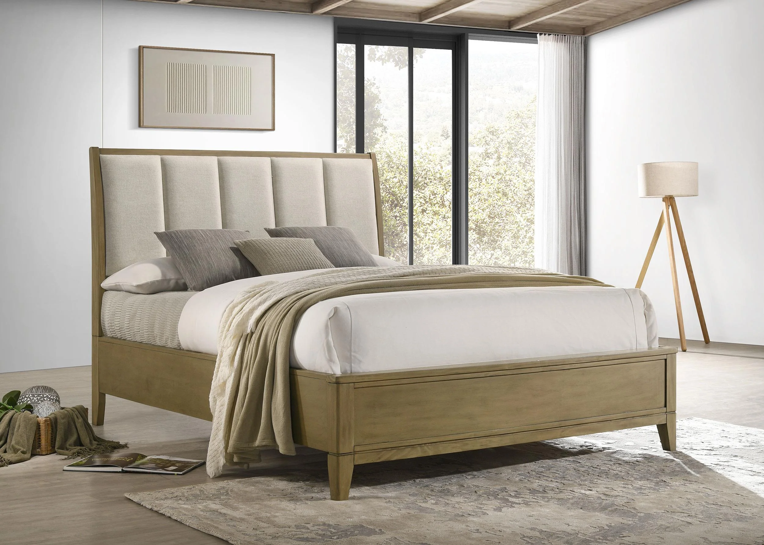 Granada Natural Pine Upholstered Queen Panel Bed