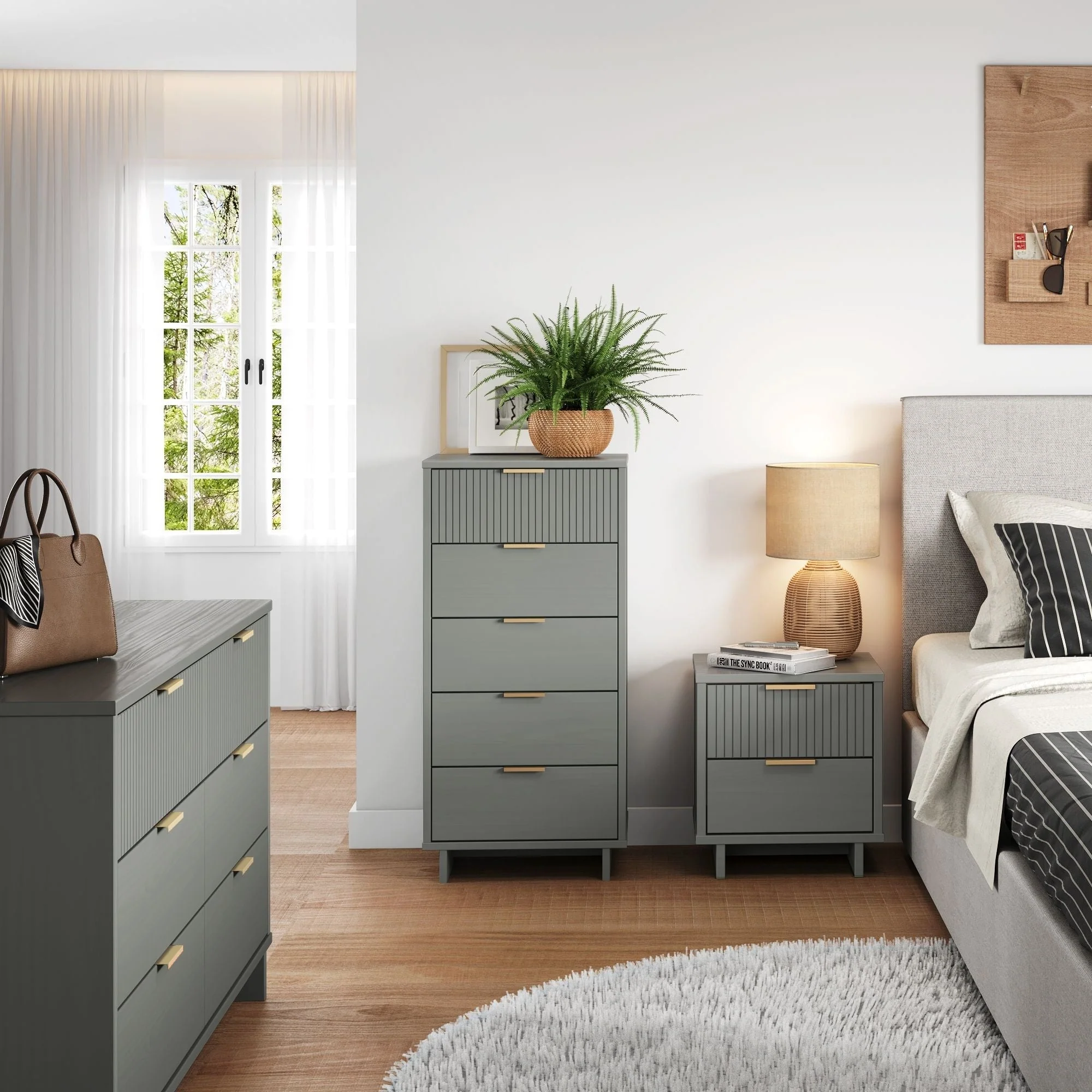 Granville 3-Piece Tall Narrow Chest, Double Dresser and Nightstand Set in Light Grey - Image 2