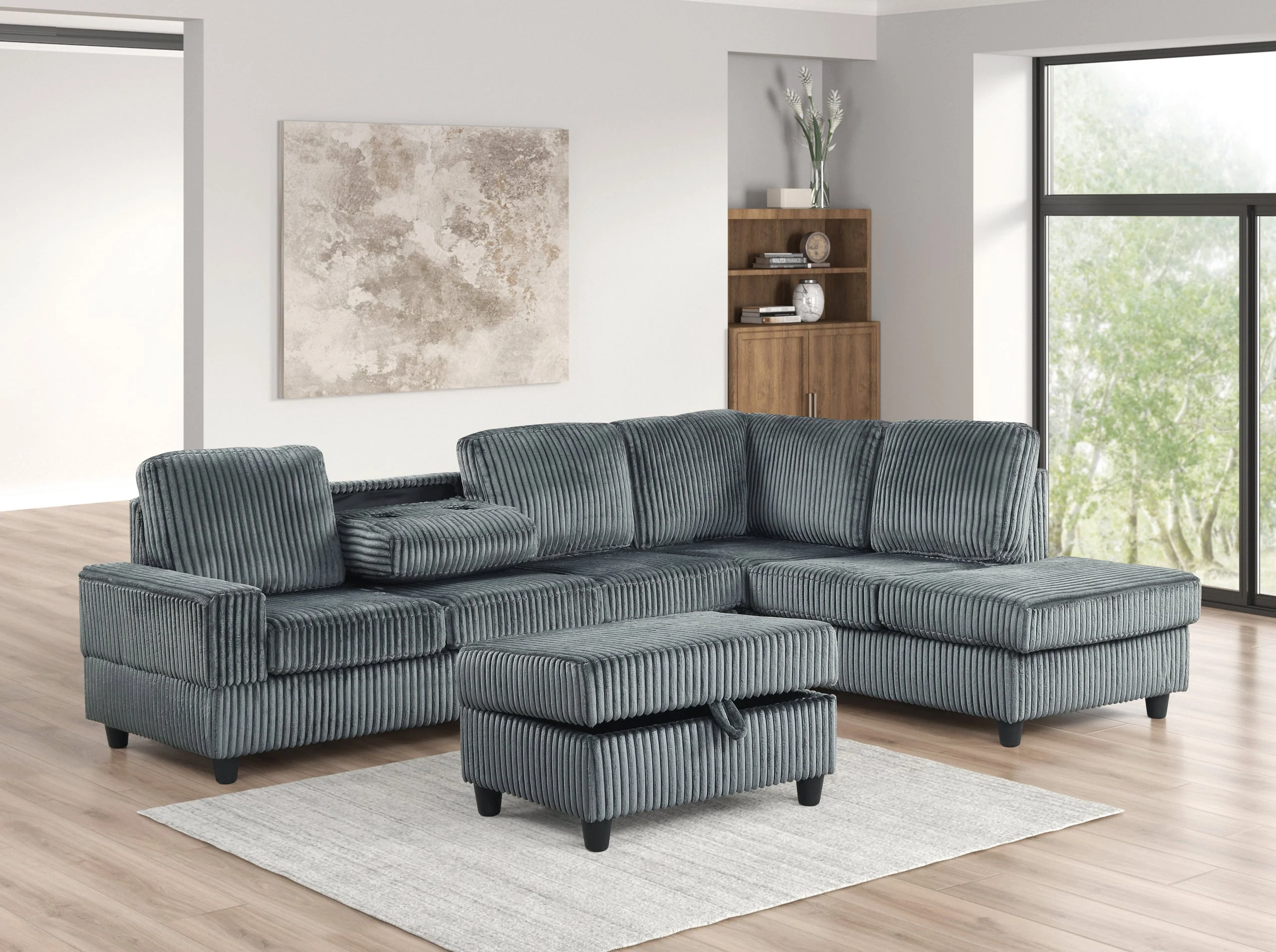 Heights Gray Reversible Sectional & Storage Ottoman