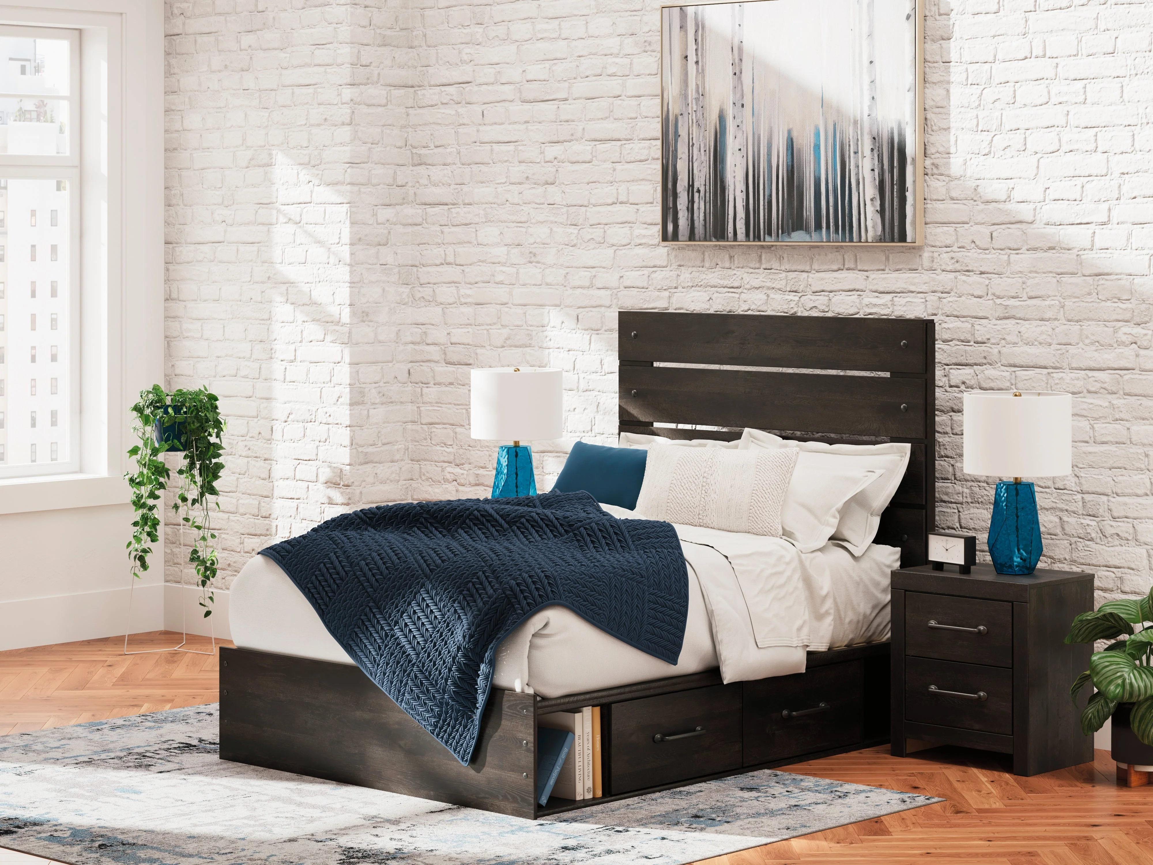 Hollivern Full Panel Bed with Storage with Mirrored Dresser, Chest and 2 Nightstands in Dark Gray - Image 40
