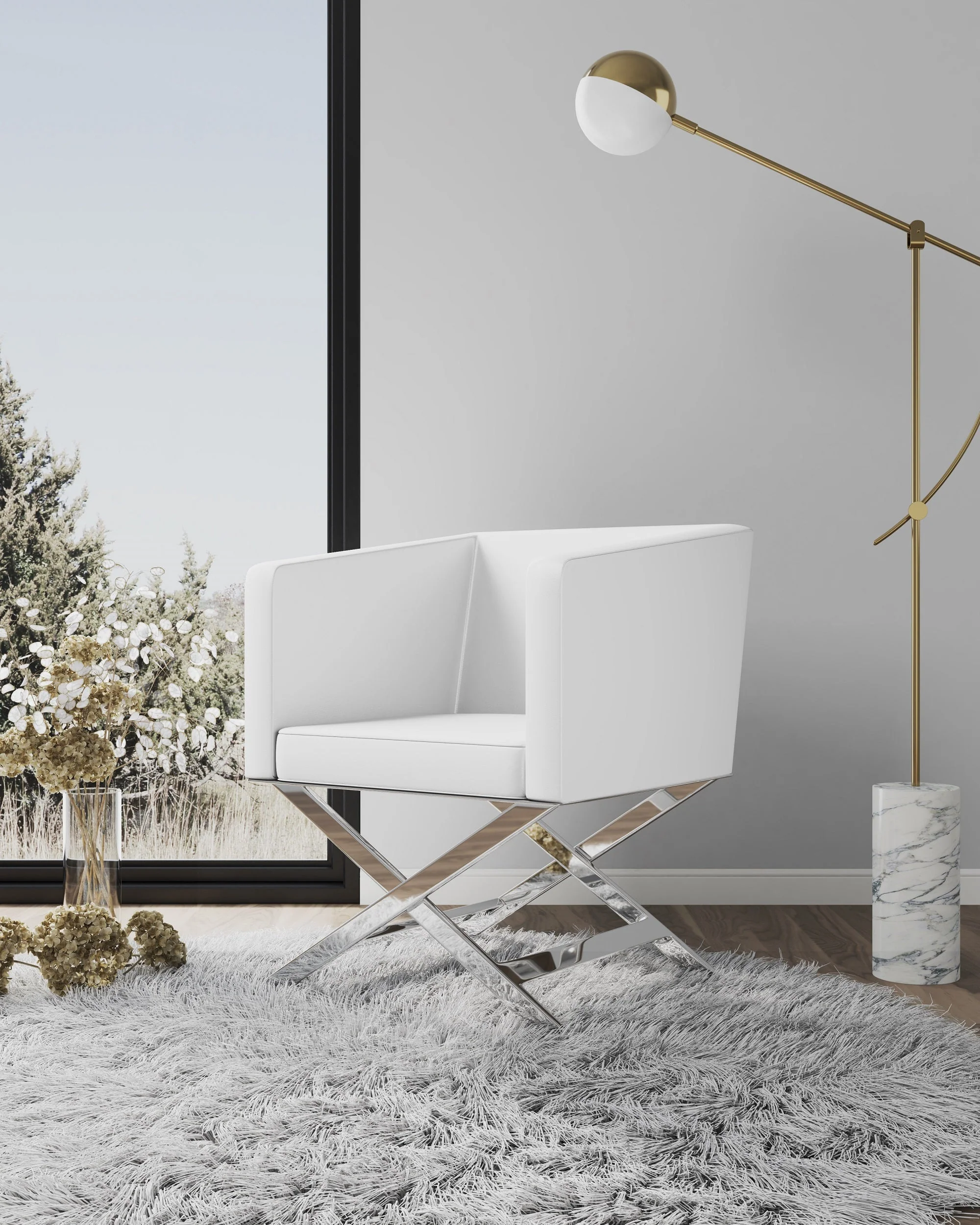 Hollywood Lounge Accent Chair in White and Polished Chrome - Image 2