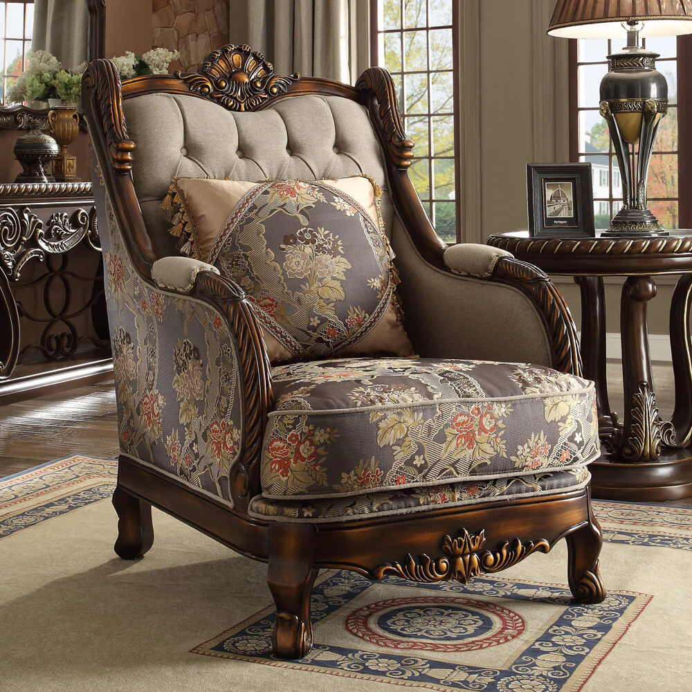 Homey Design HD-1623 Dark Red Mahogany Antique Gold Chair