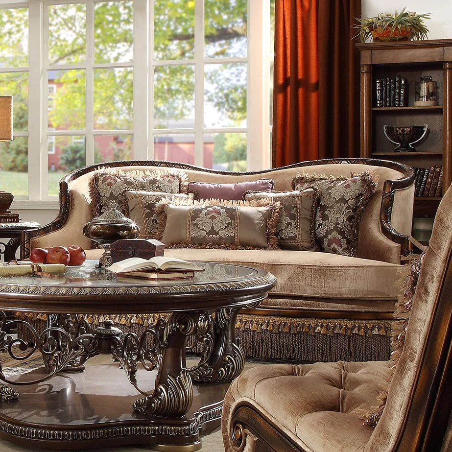 Homey Design HD-1631 Dark Red Mahogany Antique Gold Details Loveseat