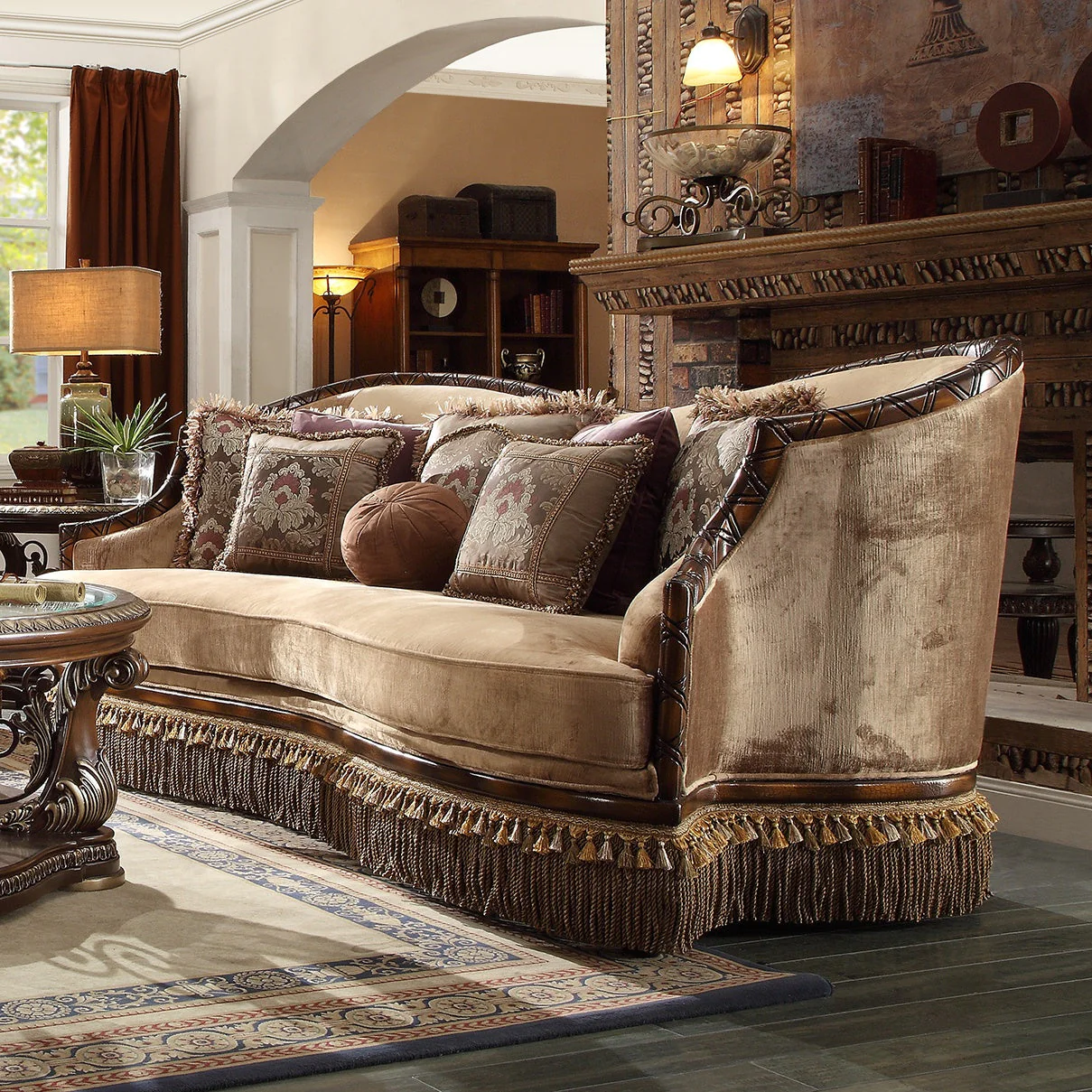 Homey Design HD-1631 Dark Red Mahogany w/ Antique Gold Details Sofa