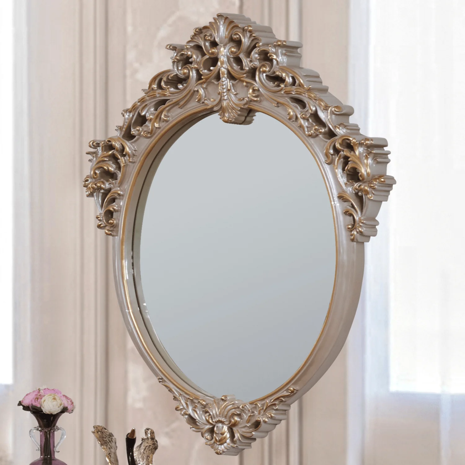 Homey Design HD-9021 Antique Ivory Cherry Inset & Gold Trim Mirror