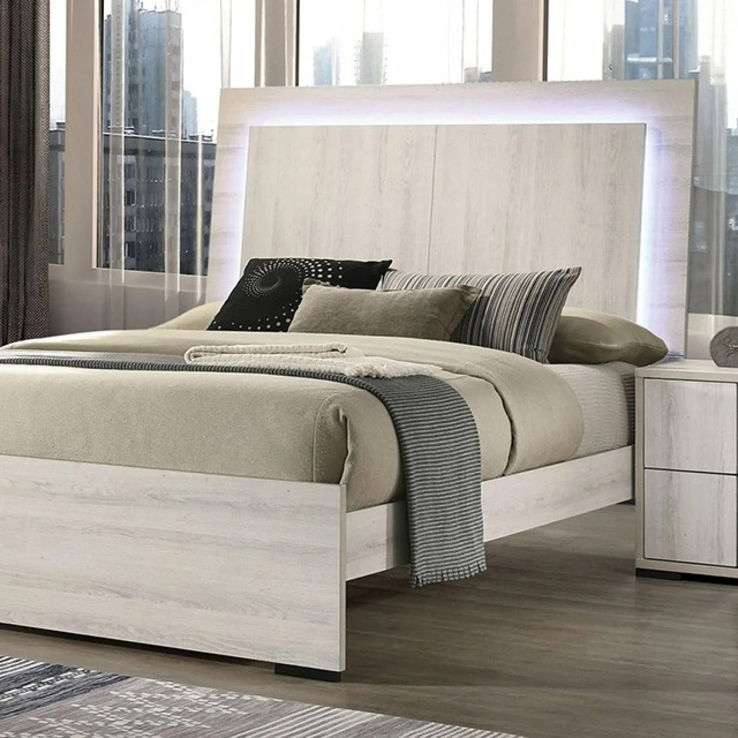 Horten Whitewash LED Queen Panel Bed