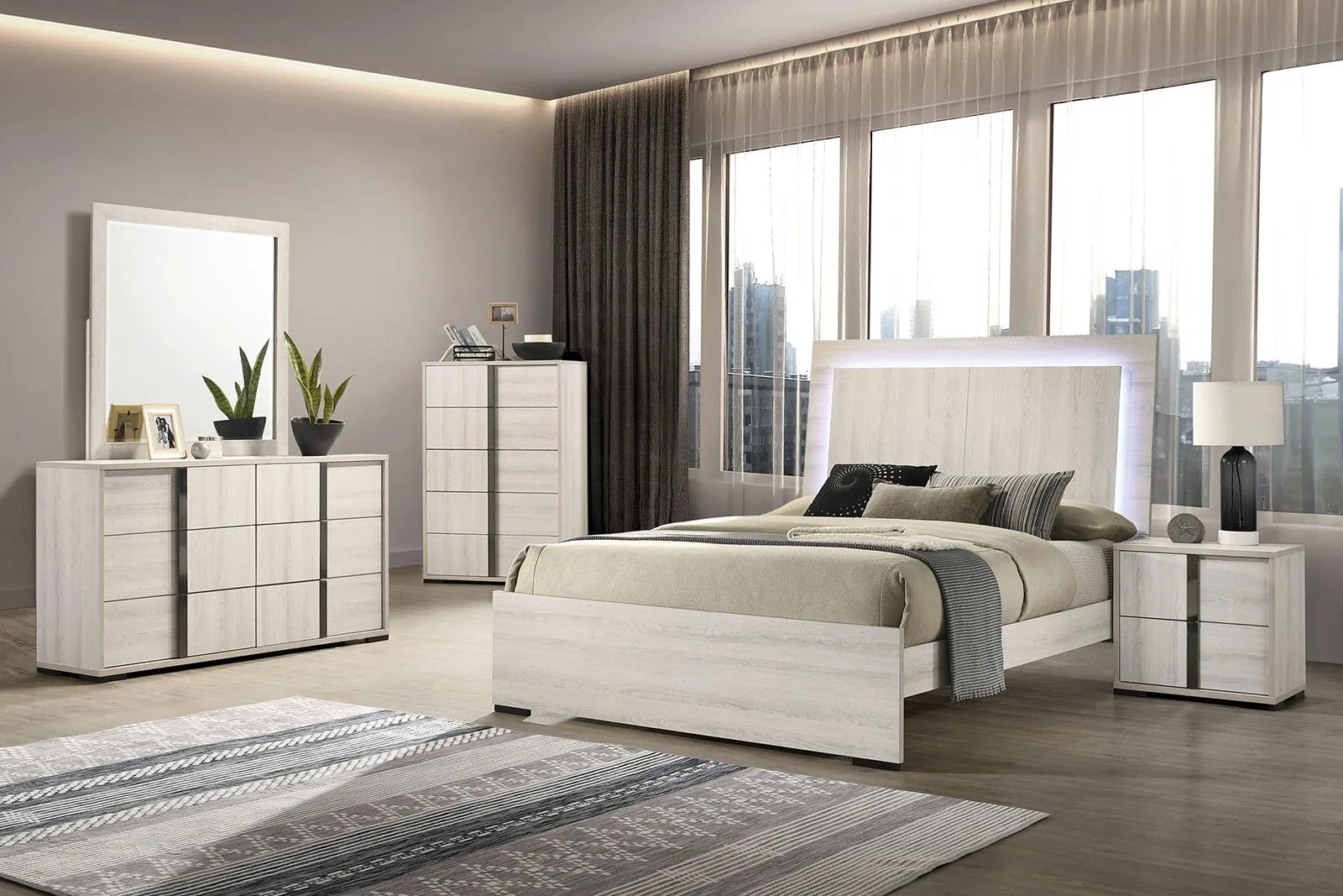 Horten Whitewash LED Queen Panel Bed - Image 2