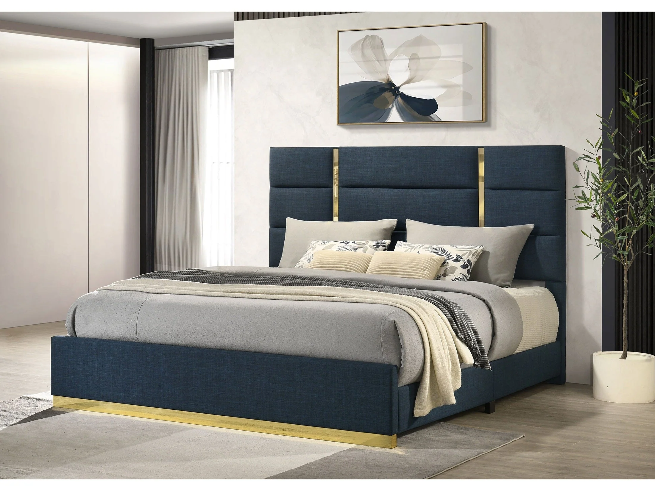 Ines Navy 52-inch Fabric Upholstered Queen Panel Bed