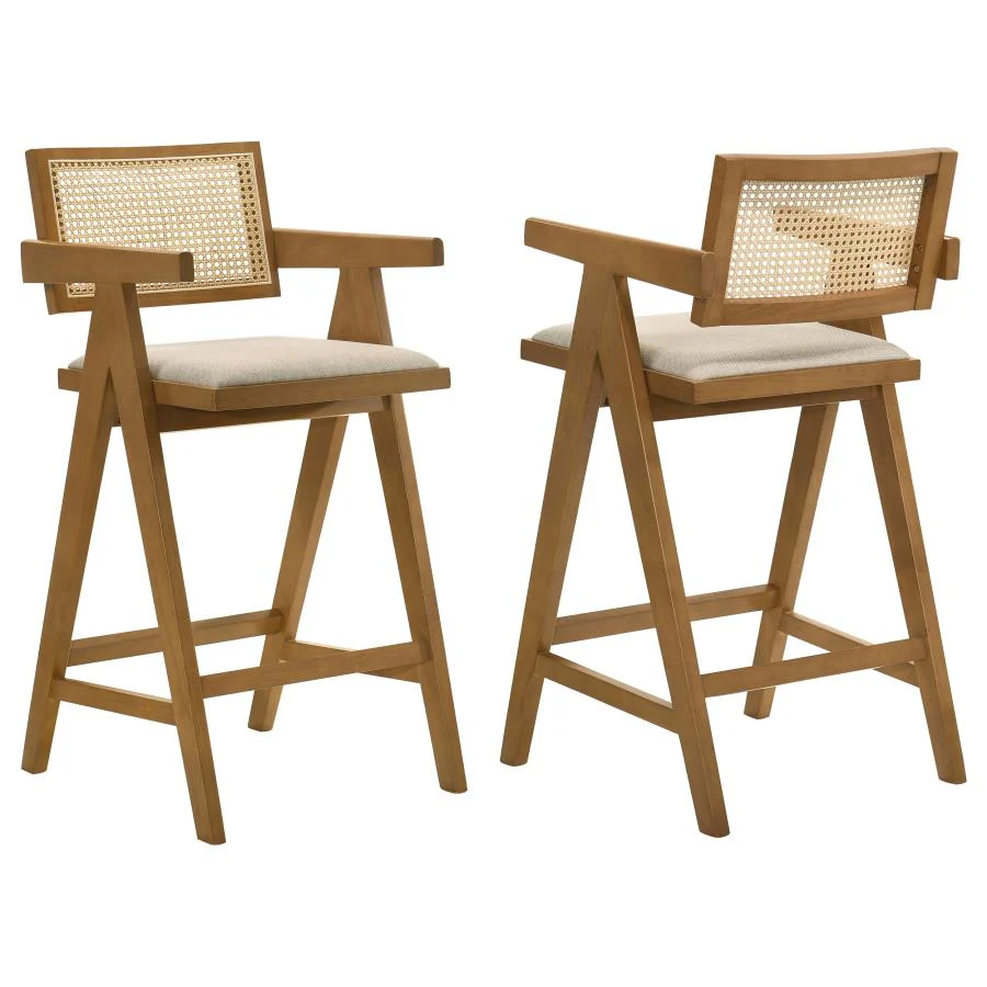 Kane Back and Light Walnut Solid Wood Bar Stool with Woven Rattan Upholstered Seat (Set of 2)