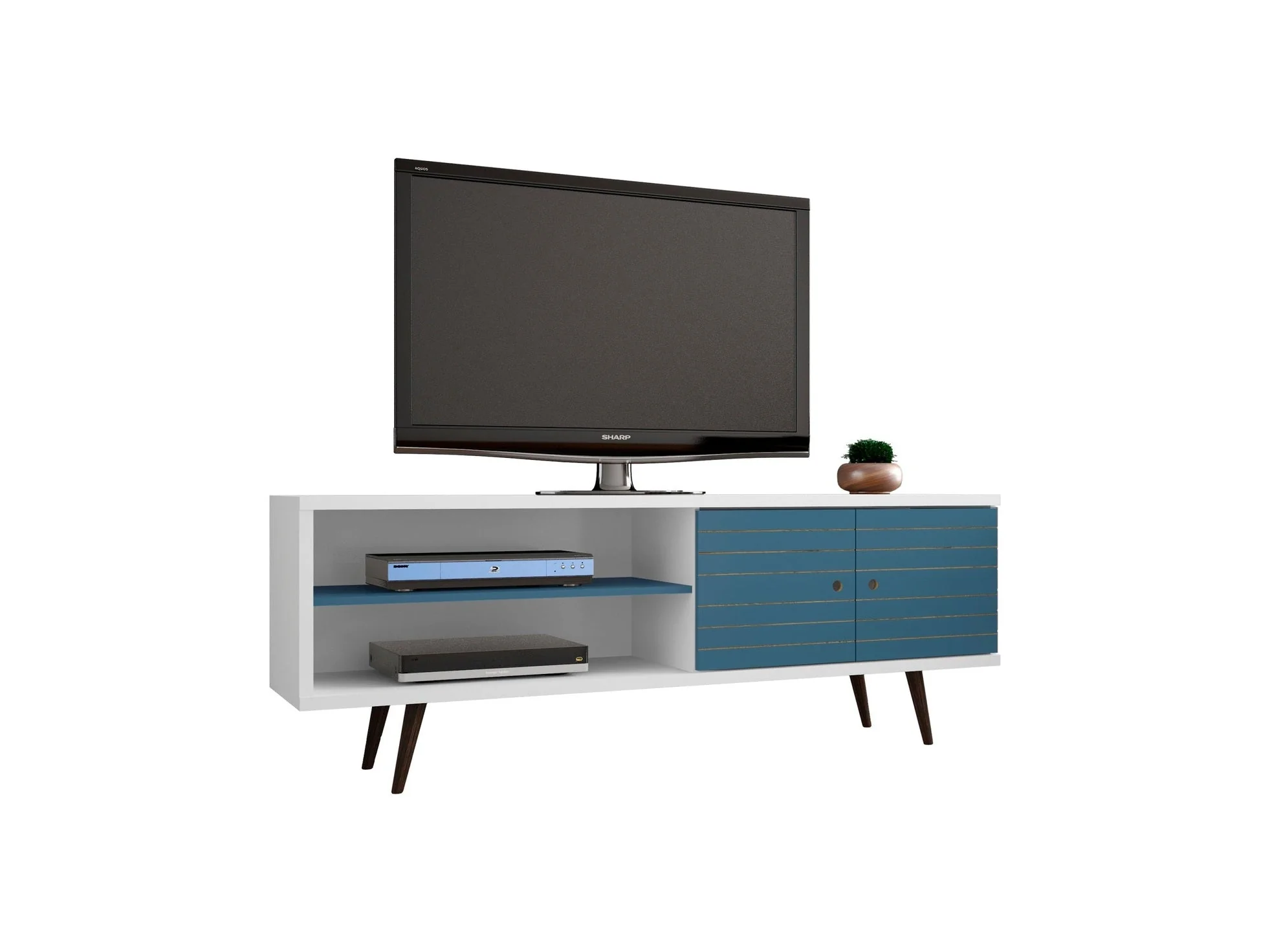 Liberty 62.99" Mid-Century Modern TV Stand in White and Aqua Blue