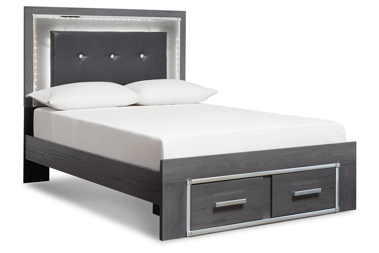 Lodanna Gray Full LED Upholstered Storage Panel Bed
