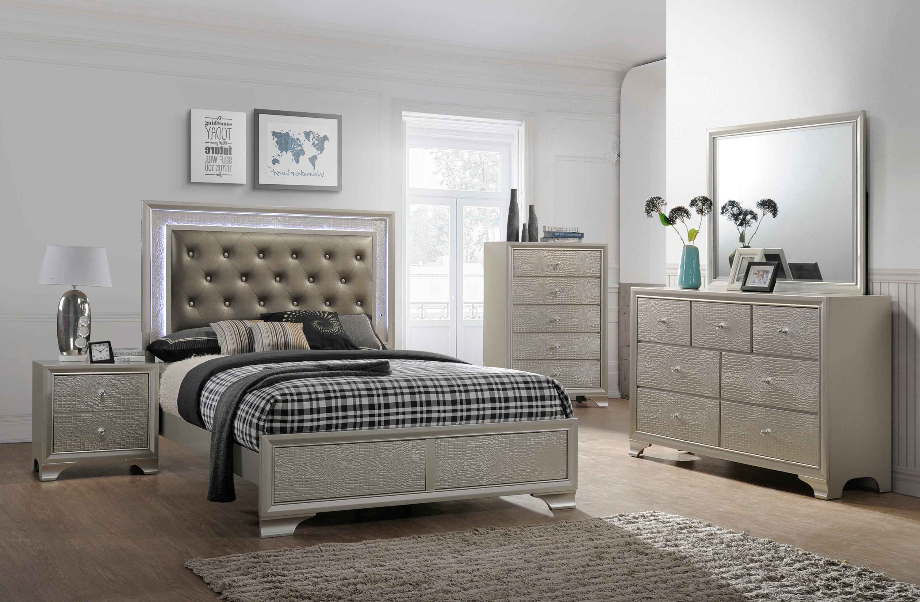 Lyssa Champagne Full LED Upholstered Panel Bed - Image 2