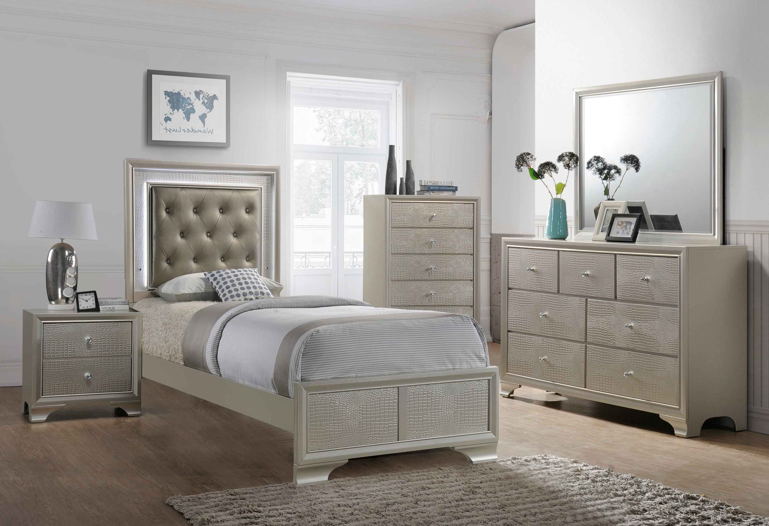 Lyssa Champagne Twin LED Upholstered Panel Bed - Image 2
