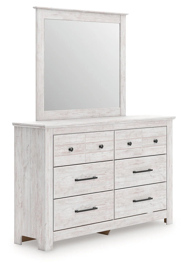 Makidern Whitewash Queen Panel Bed with Storage, Dresser and Mirror - Image 3