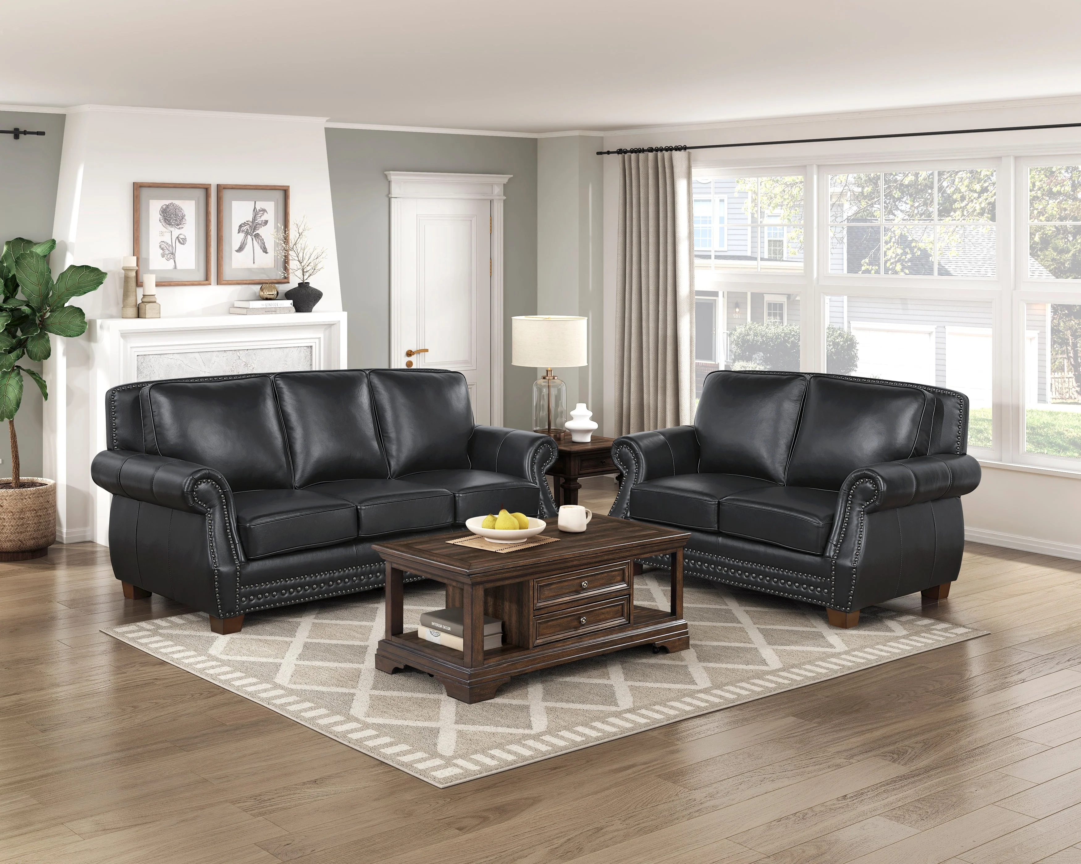 Remington Black Leather Reclining Sofa and Loveseat