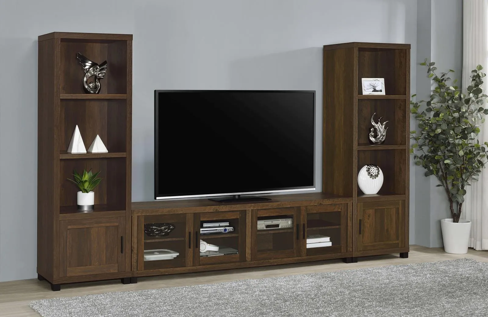 Sachin Dark Pine 3-shelf Media Tower With Storage Cabinet - Image 11