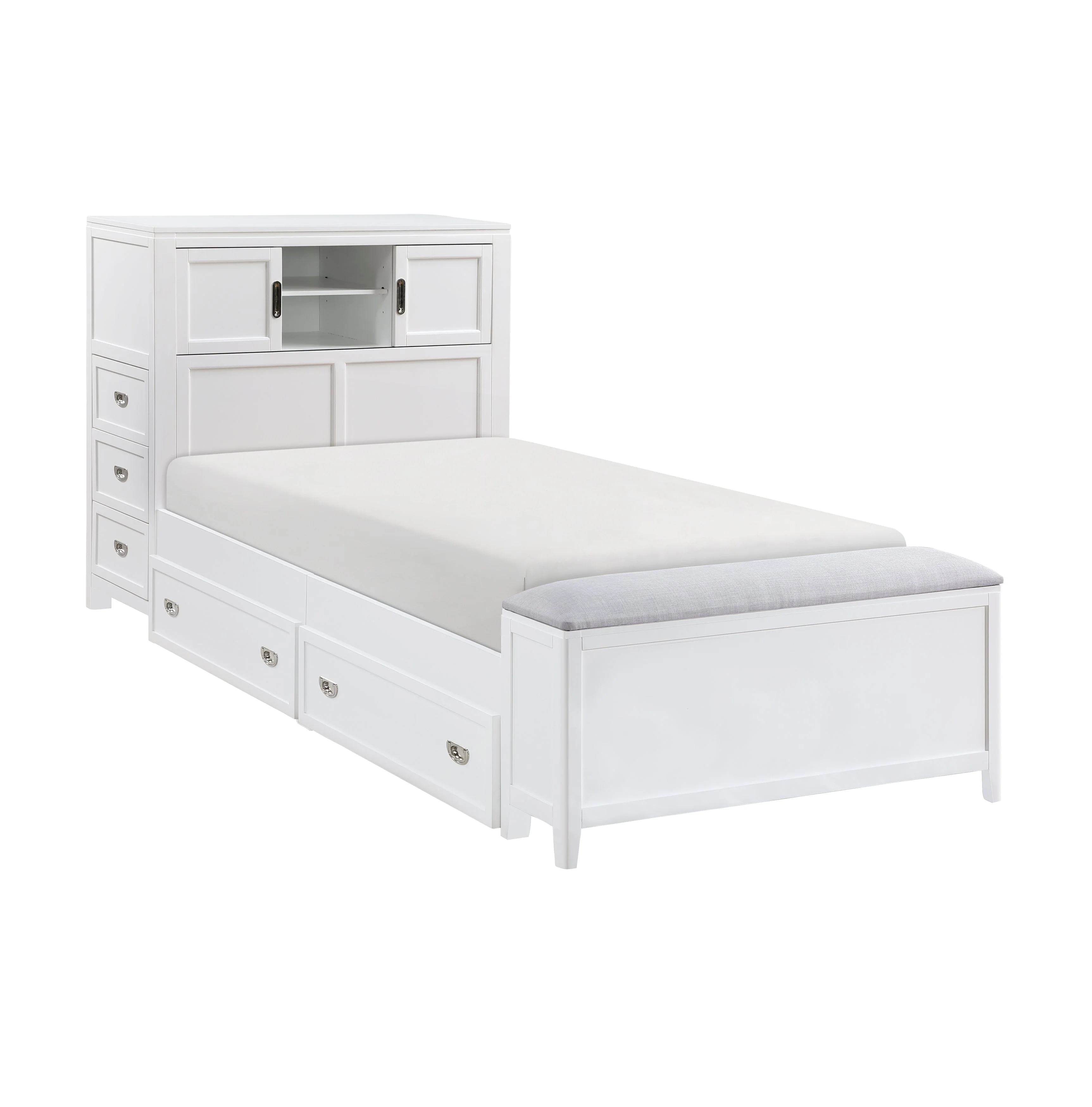 Sloane White Twin Bookcase Bed with Hidden Desk, Stool and Storage Bench - Image 11