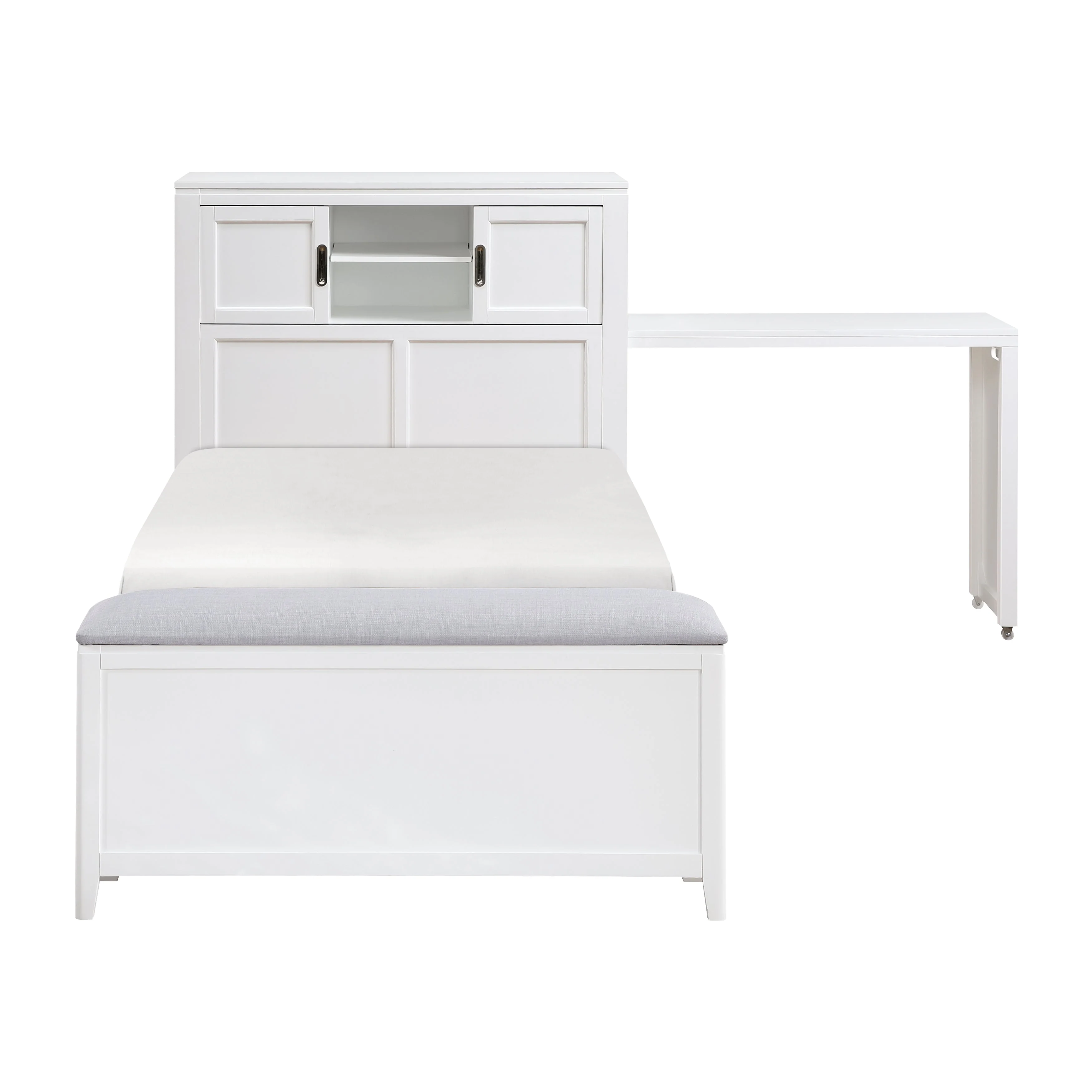 Sloane White Twin Bookcase Bed with Hidden Desk, Stool and Storage Bench - Image 7