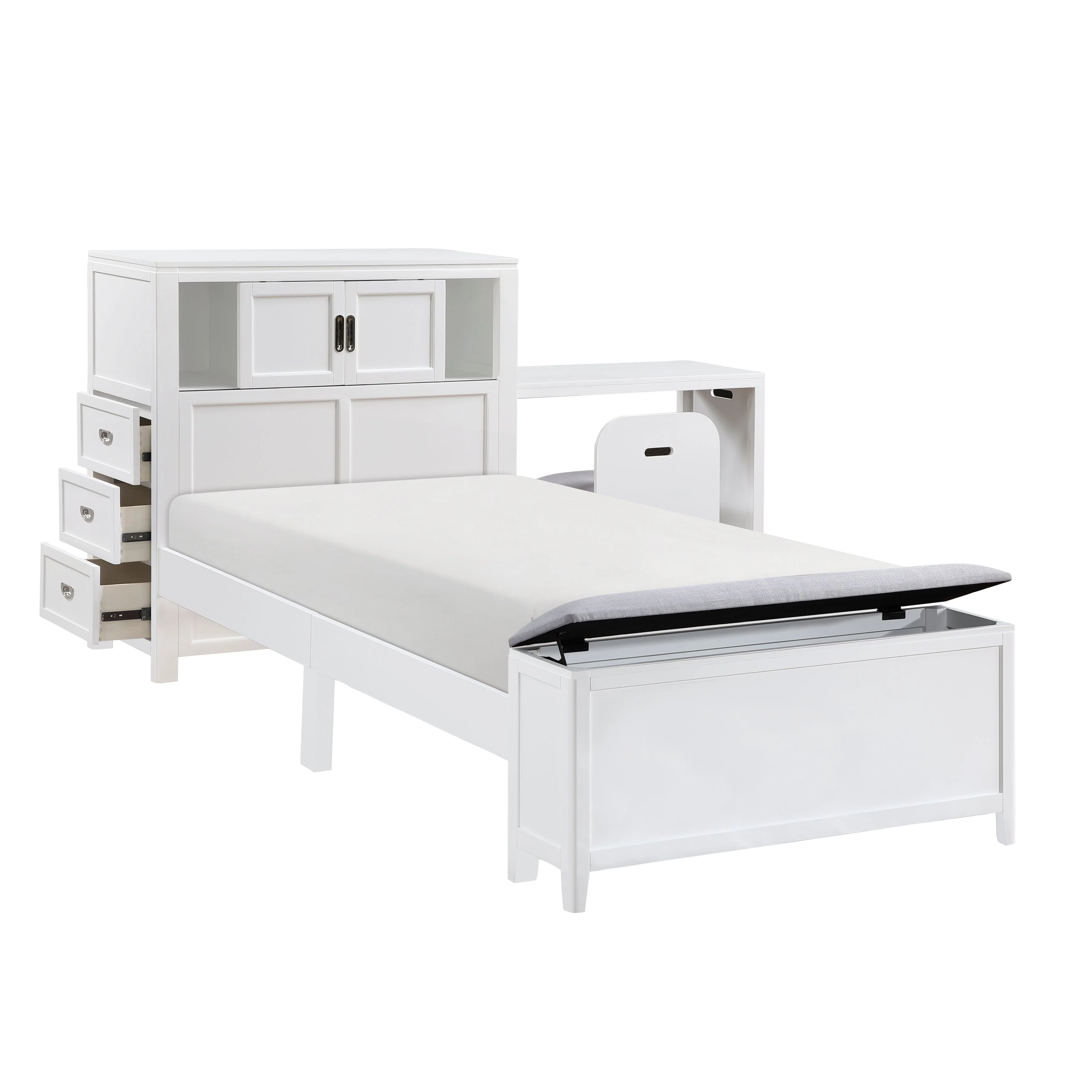 Sloane White Twin Bookcase Bed with Hidden Desk, Stool and Storage Bench - Image 9
