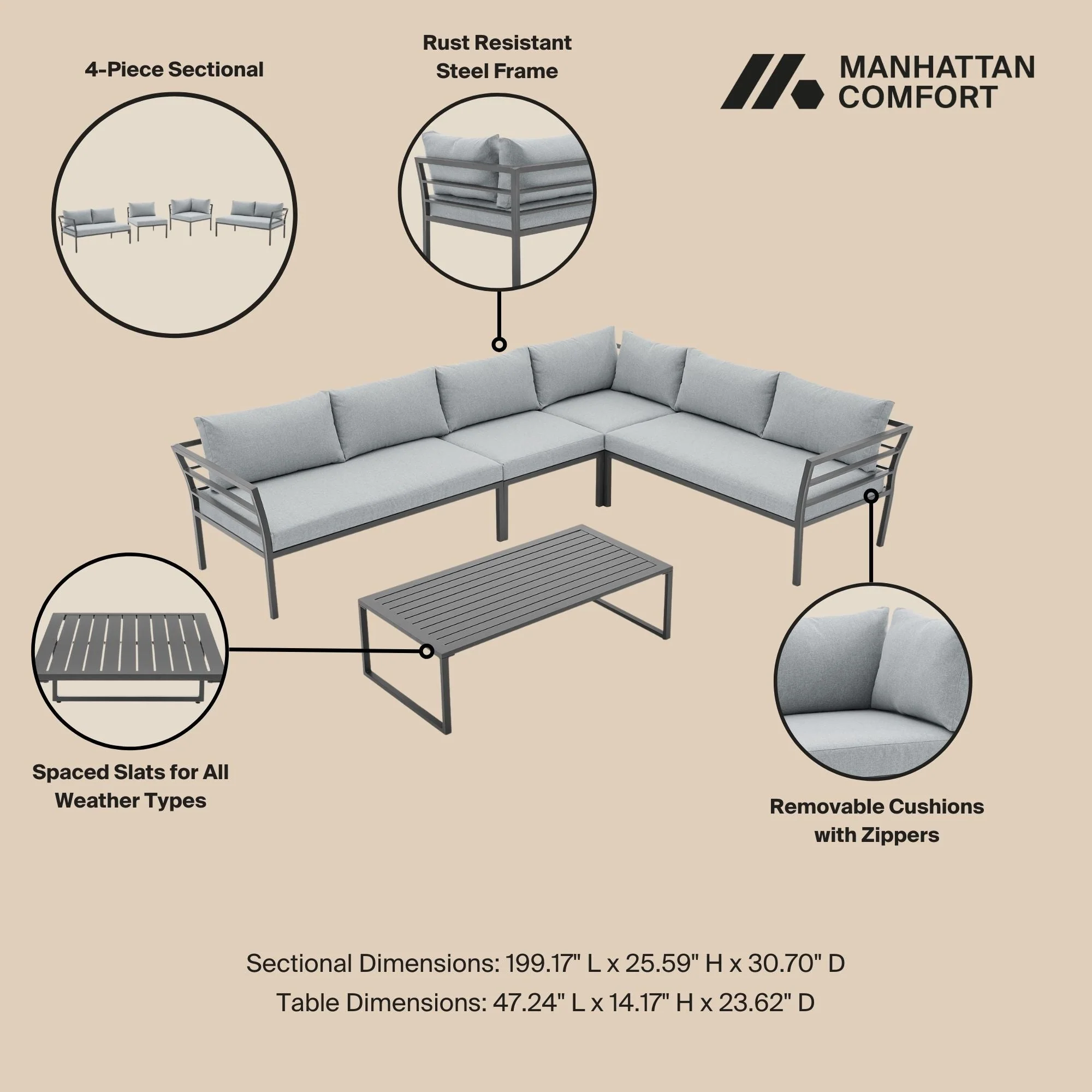 Sunnyside Corner Patio Conversation Set with Table in Grey on Grey - Image 4