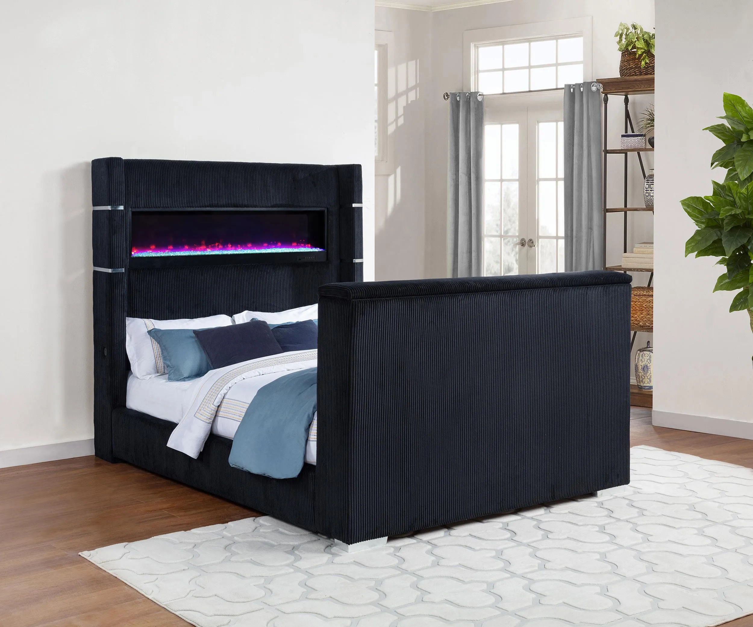 Tisdall Black Eastern King Flame Visualizer Wingback TV Bed