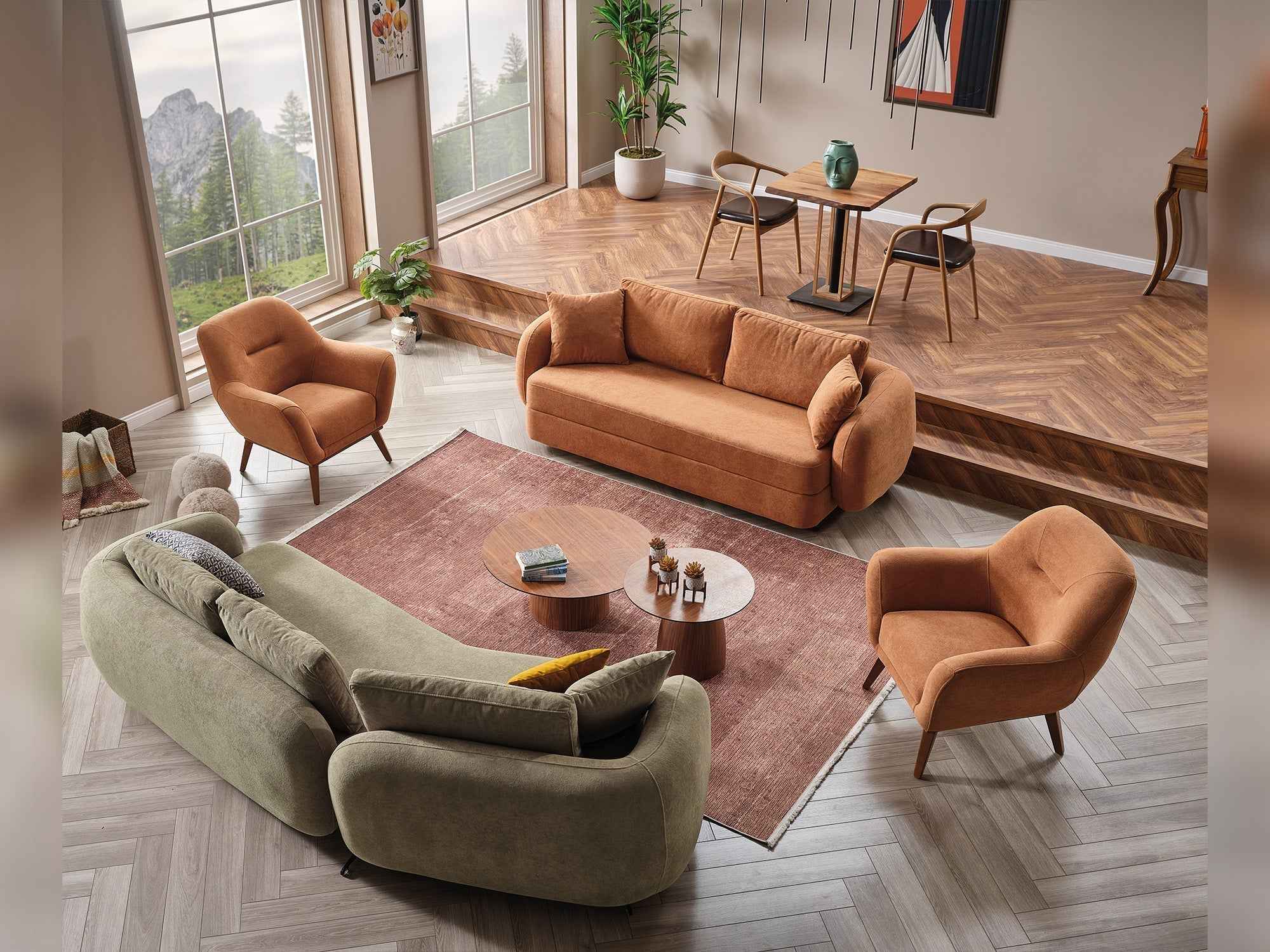Toscana 4-pieces (4 Seater Sofa & 3 Seater Sofa & 2 Chair) Living Room Set Orange - Green