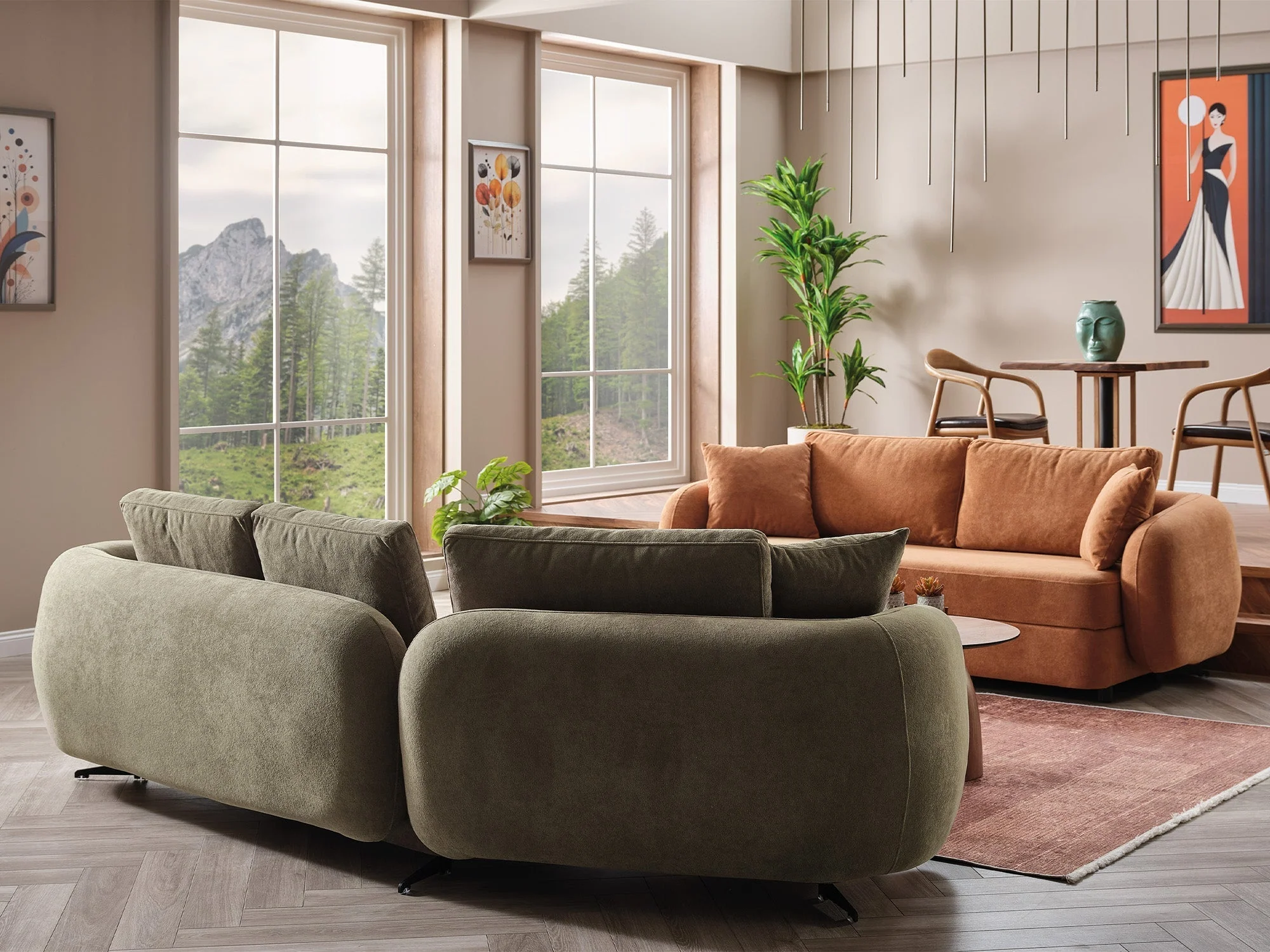Toscana 4-pieces (4 Seater Sofa & 3 Seater Sofa & 2 Chair) Living Room Set Orange - Green - Image 12