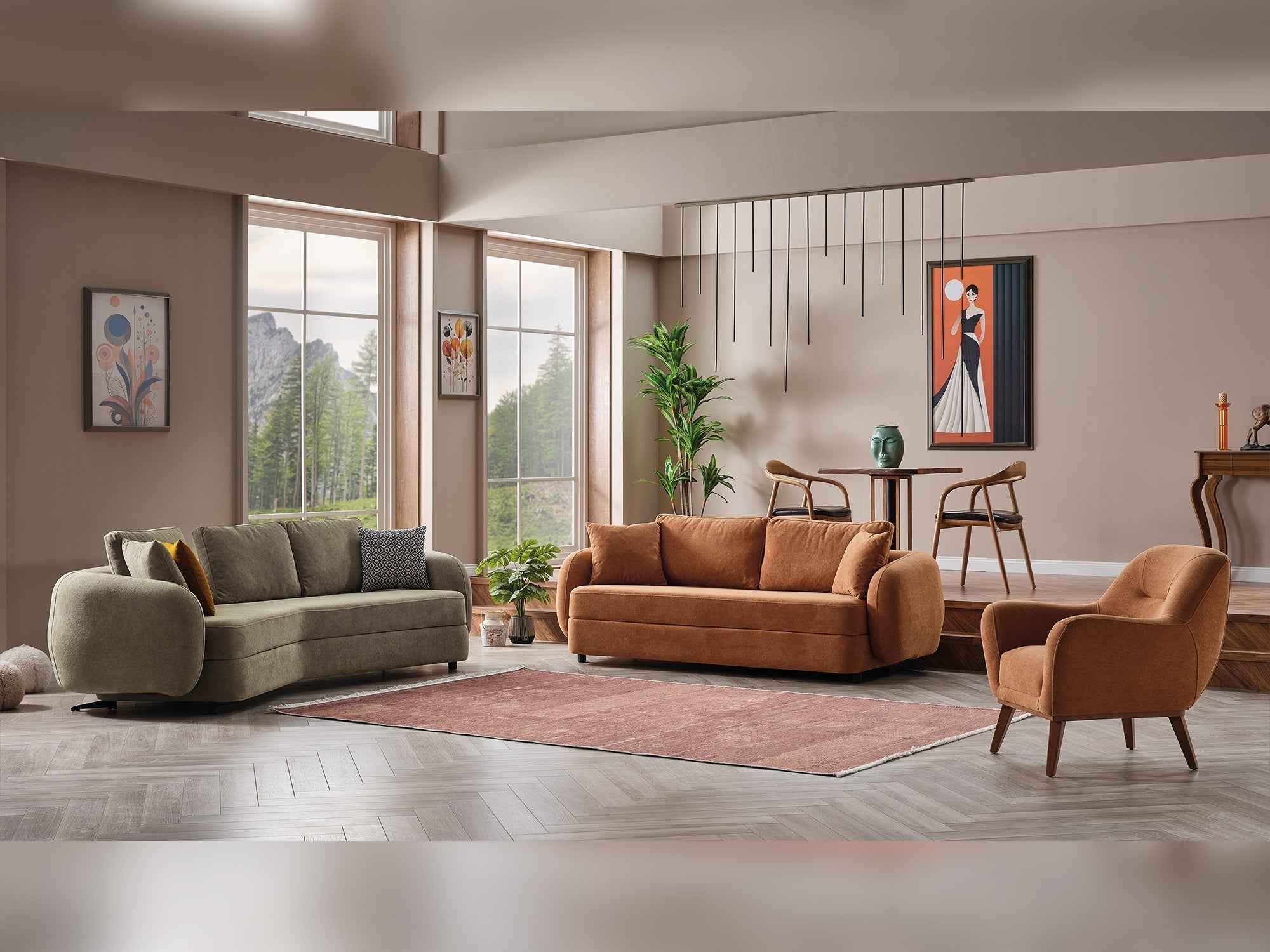 Toscana 4-pieces (4 Seater Sofa & 3 Seater Sofa & 2 Chair) Living Room Set Orange - Green - Image 4