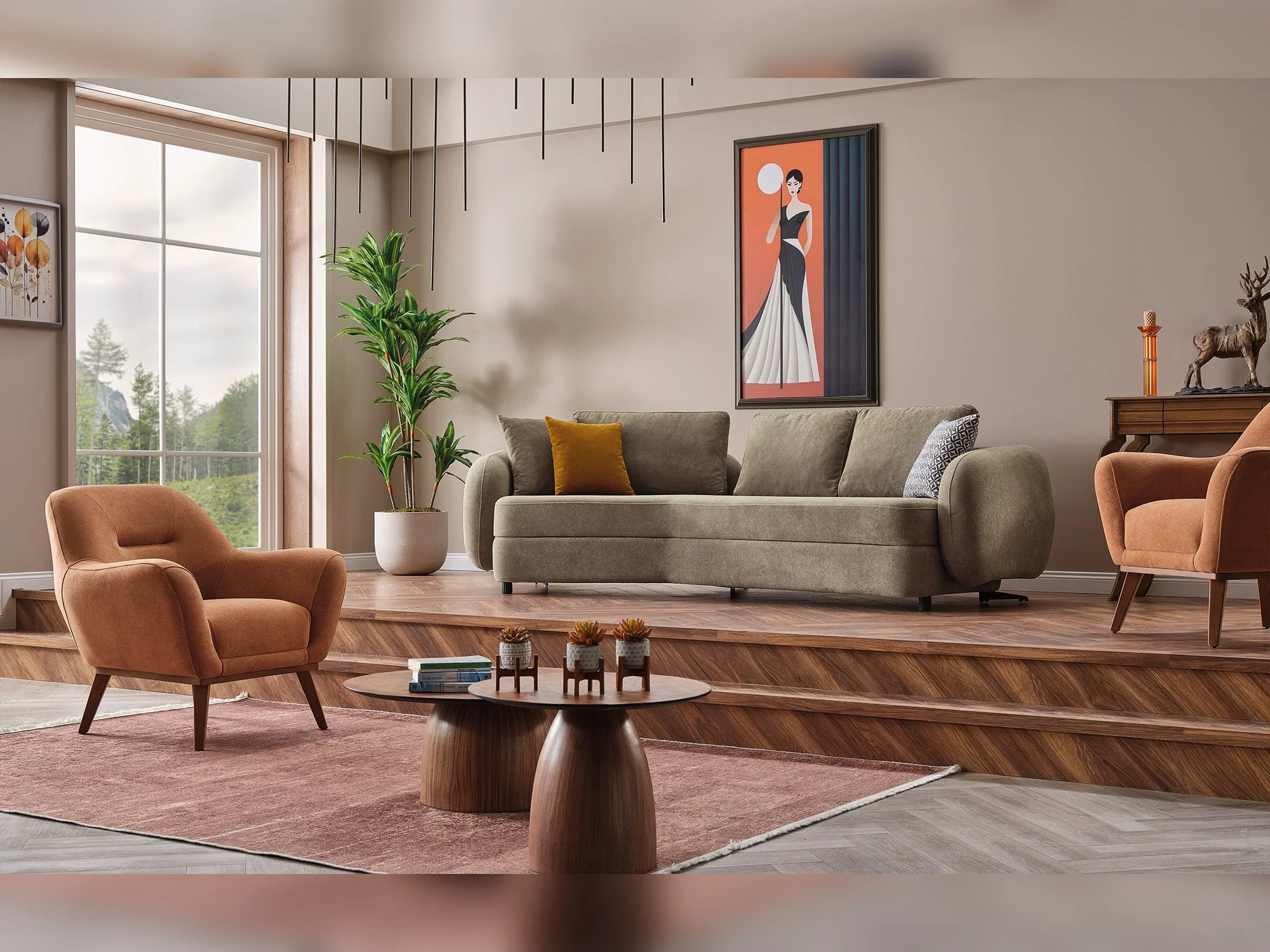 Toscana 4-pieces (4 Seater Sofa & 3 Seater Sofa & 2 Chair) Living Room Set Orange - Green - Image 5