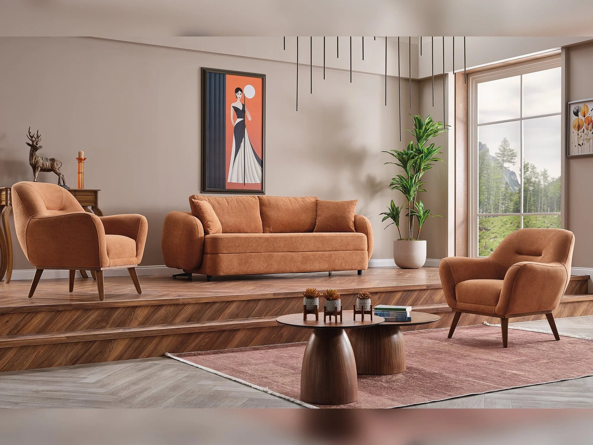 Toscana 4-pieces (4 Seater Sofa & 3 Seater Sofa & 2 Chair) Living Room Set Orange - Green - Image 6