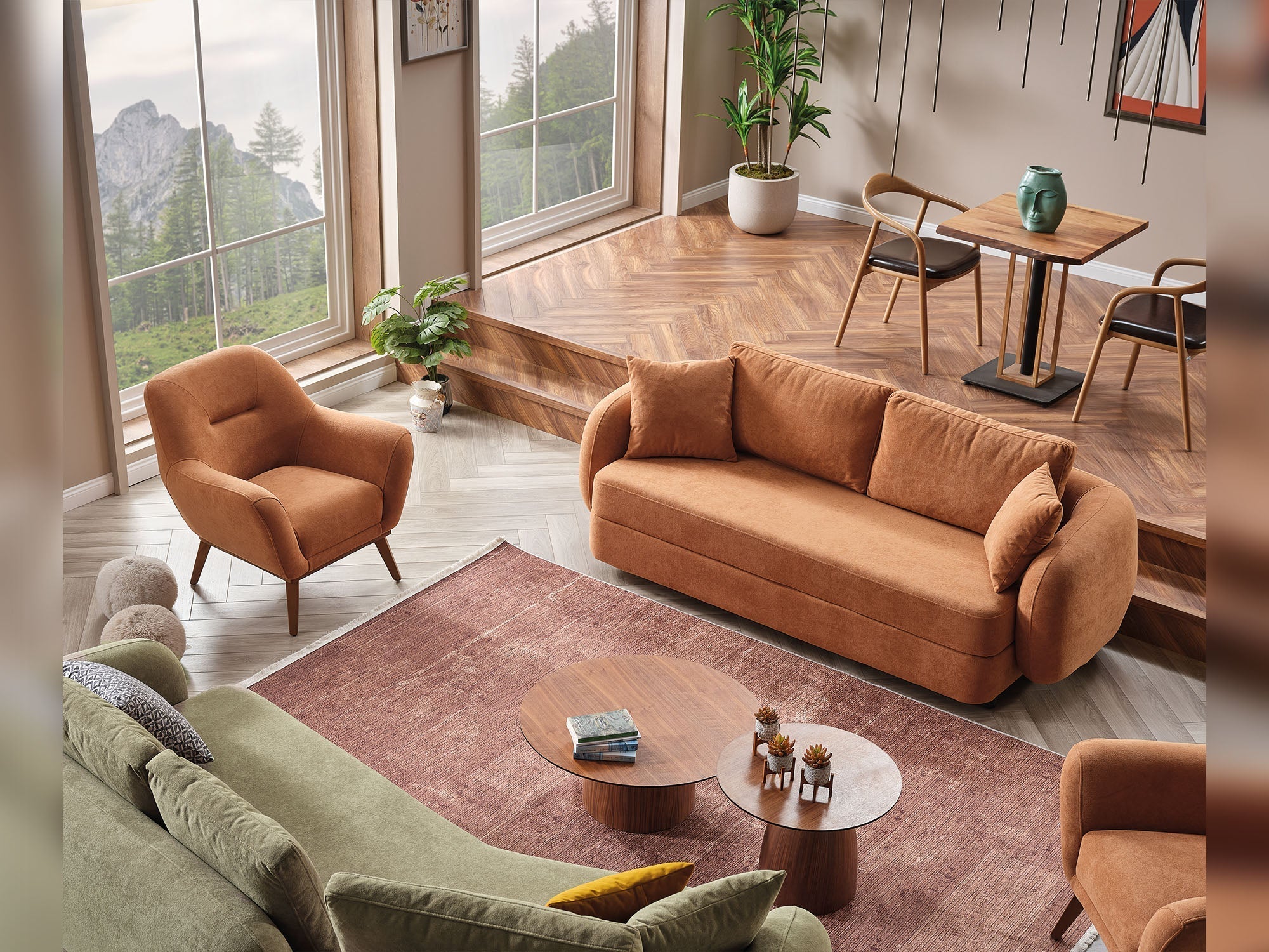 Toscana 4-pieces (4 Seater Sofa & 3 Seater Sofa & 2 Chair) Living Room Set Orange - Green - Image 7