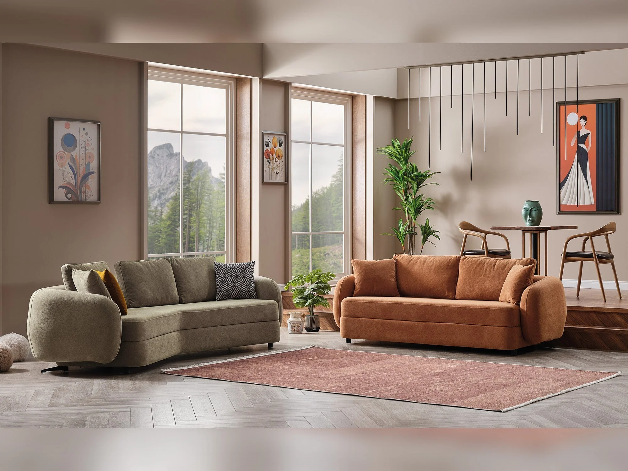 Toscana 4-pieces (4 Seater Sofa & 3 Seater Sofa & 2 Chair) Living Room Set Orange - Green - Image 8