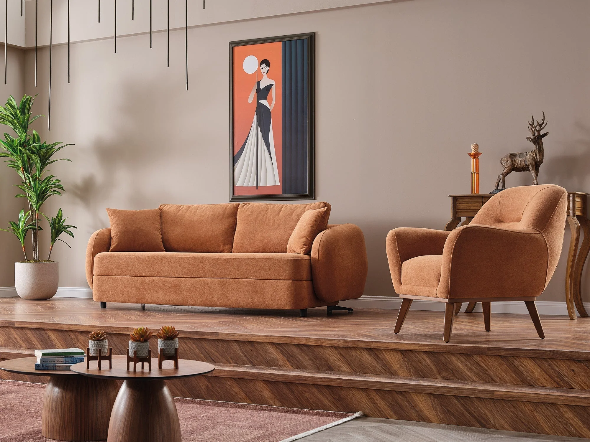 Toscana 4-pieces (4 Seater Sofa & 3 Seater Sofa & 2 Chair) Living Room Set Orange - Green - Image 9