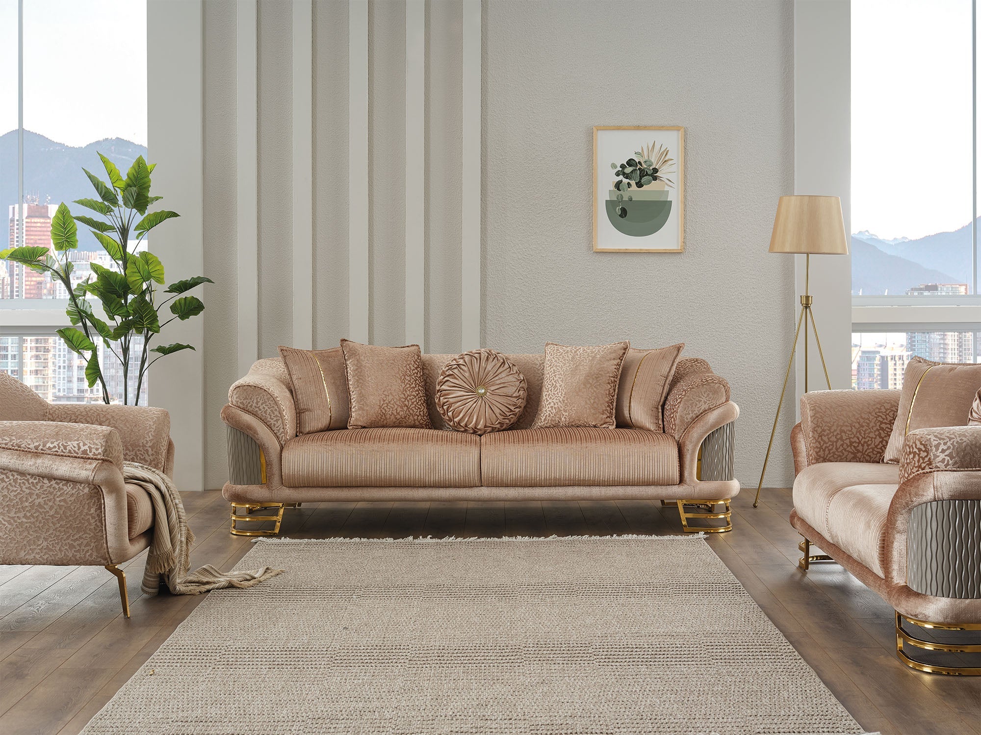 Versace 3-pieces (Sofa & Loveseat & Chair) Livingroom Set Beige - Image 10